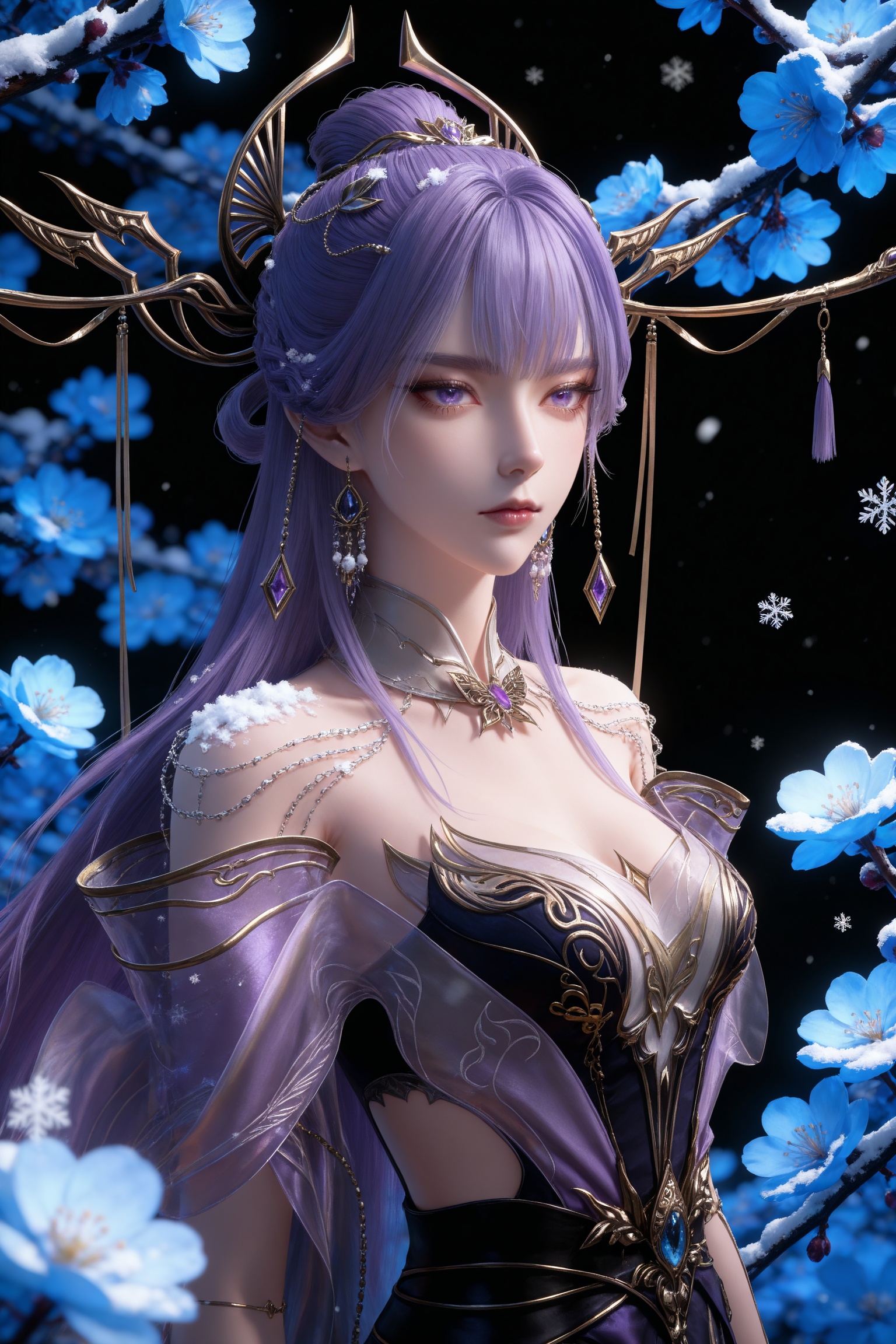 Nai3 style,realistic style photo,outstanding style,Use soft lighting to cast gentle shadows on the subject,adding a touch of dimension to your images without compromising details,whirls of vapor,(Anime:1.1),soft neon light,ethereal ambiance,delicate details,magical atmosphere,concept art,highly detailed,ultra-high resolution,32K UHD,sharp focus,best-quality,masterpiece,golden hour,unconventional supreme masterpiece,masterful details,temperate atmosphere,with a high-end texture,in the style of fashion photography,magazine style,Dynamic Angle,Dynamic posture,magazine style,Dynamic Angle,Dynamic posture,(cowboy_shot:1.2),eye trail,depth of field,cinematic lighting,lens flare,(artist:quasarcake:0.8),close-up,(artist:quasarcake:0.8),extreme aesthetic,(wlop:0.6),(honjou raita,lack,rella,wanke:0.5),masterpiece,best quality,good quality,newest,year 2025,very aesthetic,absurdres,Visual impact,A shot with tension,ultra-high resolution,32K UHD,sharp focus,best-quality,masterpiece,Emotionalization,unconventional supreme masterpiece,masterful details,temperate atmosphere,with a high-end texture,in the style of fashion photography,(Visual impact:1.2),giving the poster a dynamic and visually striking appearance,<lora:百炼成神3-天穹IL:0.8>,1girl,long hair,hair ornament,purple hair,earrings,purple eyes,hair rings,hair ornament,necklace,bare shoulders,purple dress,black dress,thigh strap,boots,, solo,  upper body, blue flower, looking at viewer, snowflakes, closed mouth, branch,