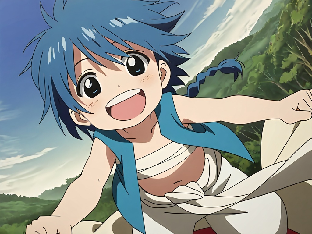 <lora:Aladdin_XL:1>,explicit,Aladdin,(best quality:1),(best detail:1),(masterpiece:1),flying in the forest,in mid-air,(ride on a white cloth:1.6),male focus,1boy,solo,(toddler:1.1),(petite:1.5),short hair braid head,blue hair,black eyes,big_eyes,thin eyebrows,perfect hands,(5fingers:1.1),(blue clothes:1.1),white cloth chest wrap,white pants,correct anatomy,;d,animation style,available light,(incredibly absurdres:2),