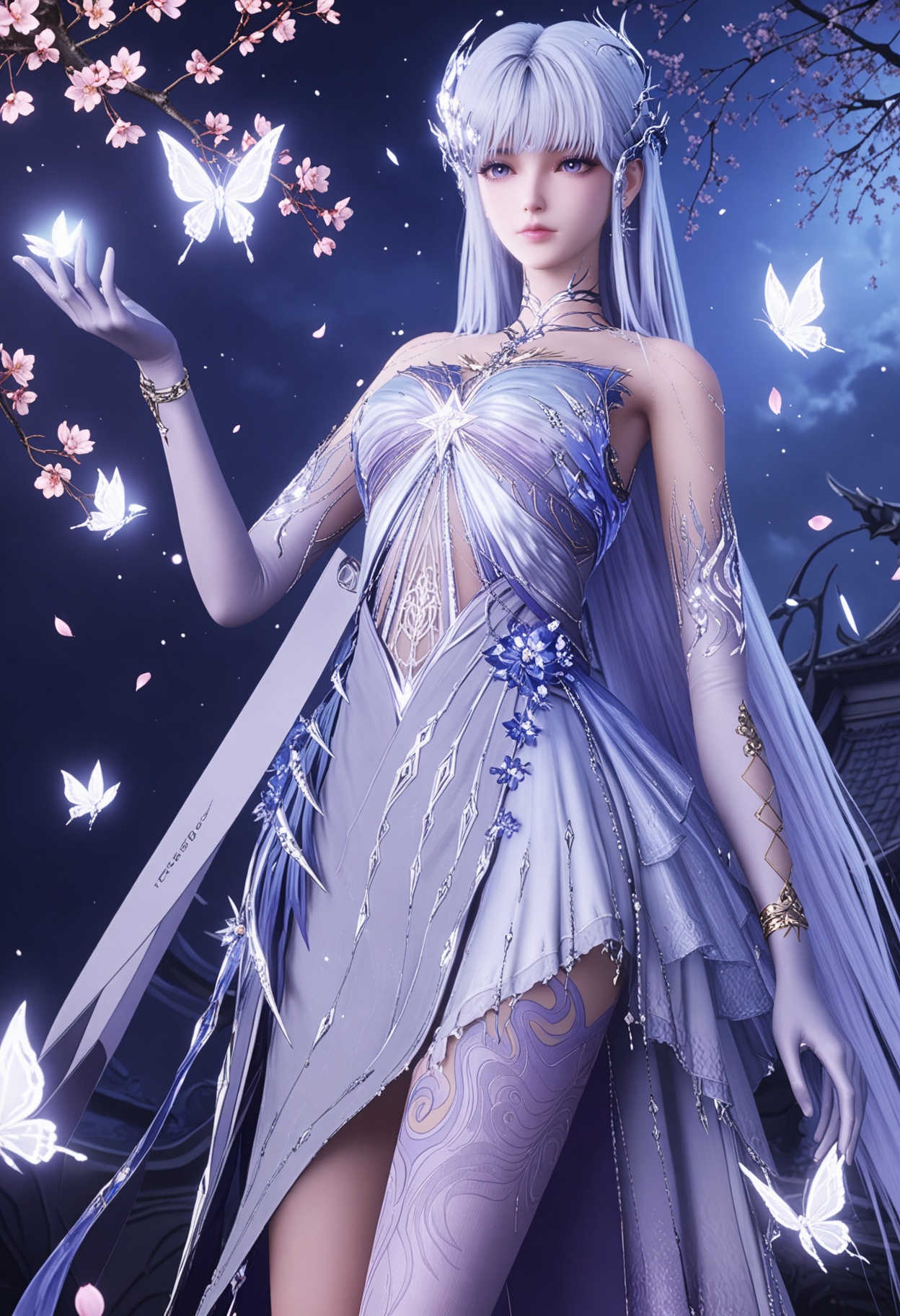 (cowboy shot:1.2),looking at viewer:1.1,masterpiece,(best quality),smog,Dark room,dim lighting,peach blossom,falling petals,<lora:YQ_Illustrious光辉v5_圣采儿_服装7_无翅膀和武器_V1:0.8:lbw=1,1,1,1,1,1,1,1,1,0.8,0.8,0.1>,q1528437228,1girl,solo,dress,long hair,white hair,hair ornament,gloves,high heels,purple eyes,elbow gloves,blue eyes,jewelry,blue dress,blunt bangs,pantyhose,white dress,purple dress,thighhighs,white gloves,purple pantyhose,thighs,earrings,purple footwear,purple gloves,blue hair,purple hair,bracelet,purple thighhighs,strapless dress,