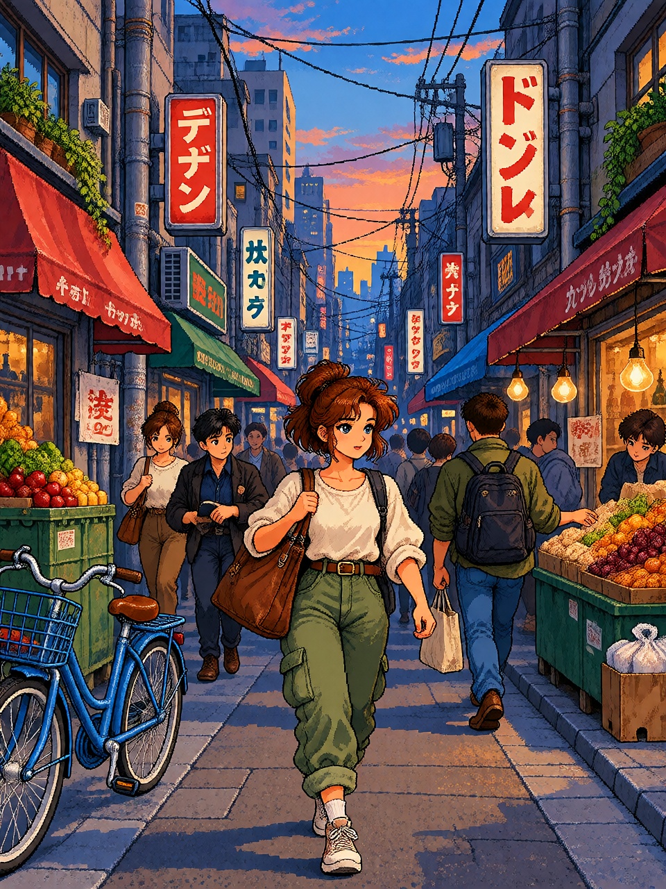 A young woman walking through a busy Japanese shopping street at sunset,  illuminated shop signs,  bicycles on Tensor.Art