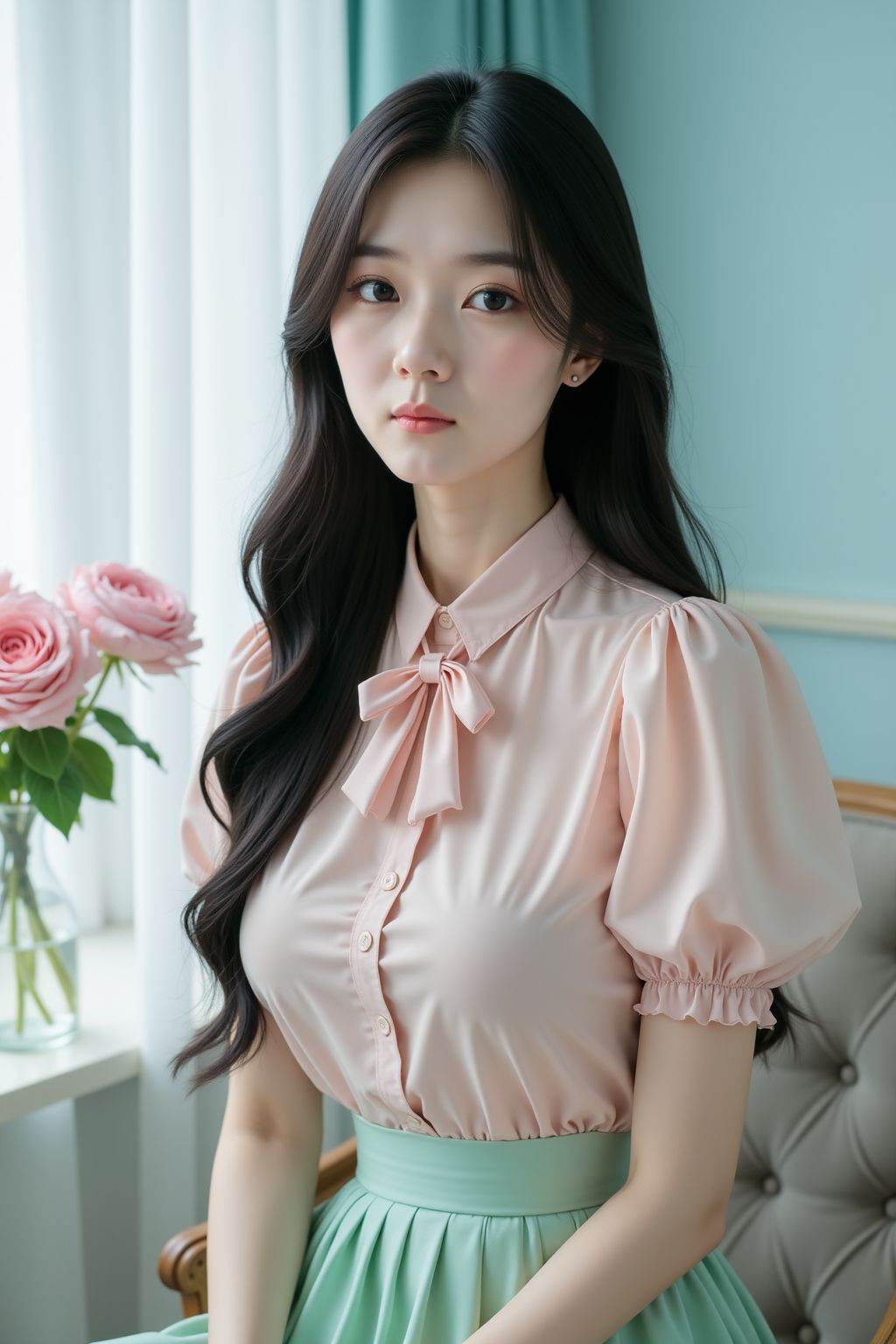A photograph of a young woman with long black hair, fair skin, and delicate features, sitting by a window. She wears a sheer, pale pink blouse with puffed sleeves and a bow tie, paired with a high-waisted, light green pleated skirt. She gazes softly at the camera. The background features a light blue curtain and a vase of pink flowers on a windowsill, creating a serene, pastel-toned ambiance.