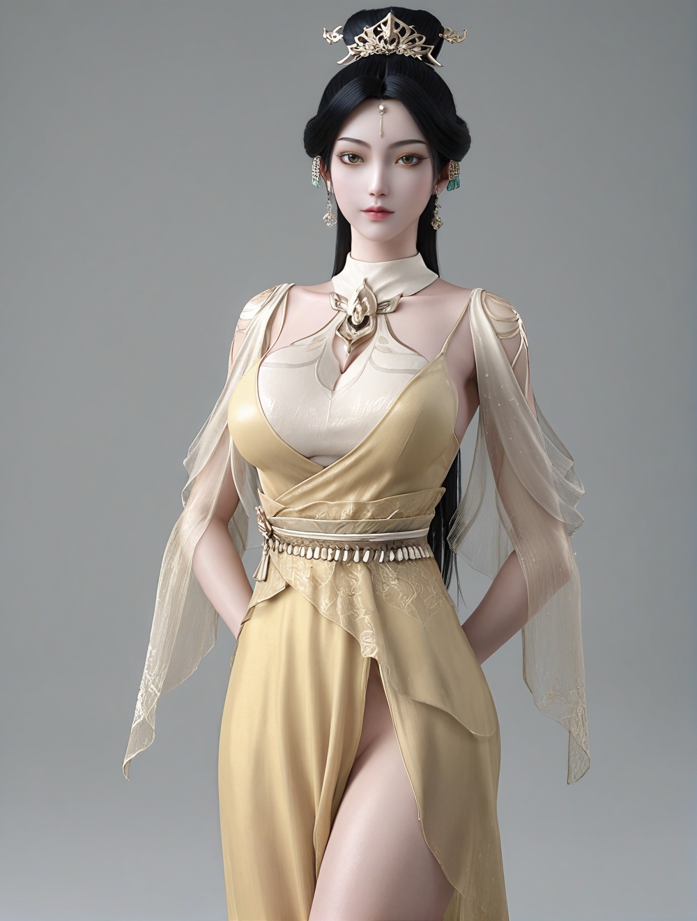 fair_skin,white_skin,Ivory_skin,score_9,<lora:SF_CaiJinJian_Pony_XXM-000004:0.7>,yellow dress,hair ornament,black hair,1girl,breasts,large breasts,standing,solo,looking at viewer,simple background,cowboy_shot,