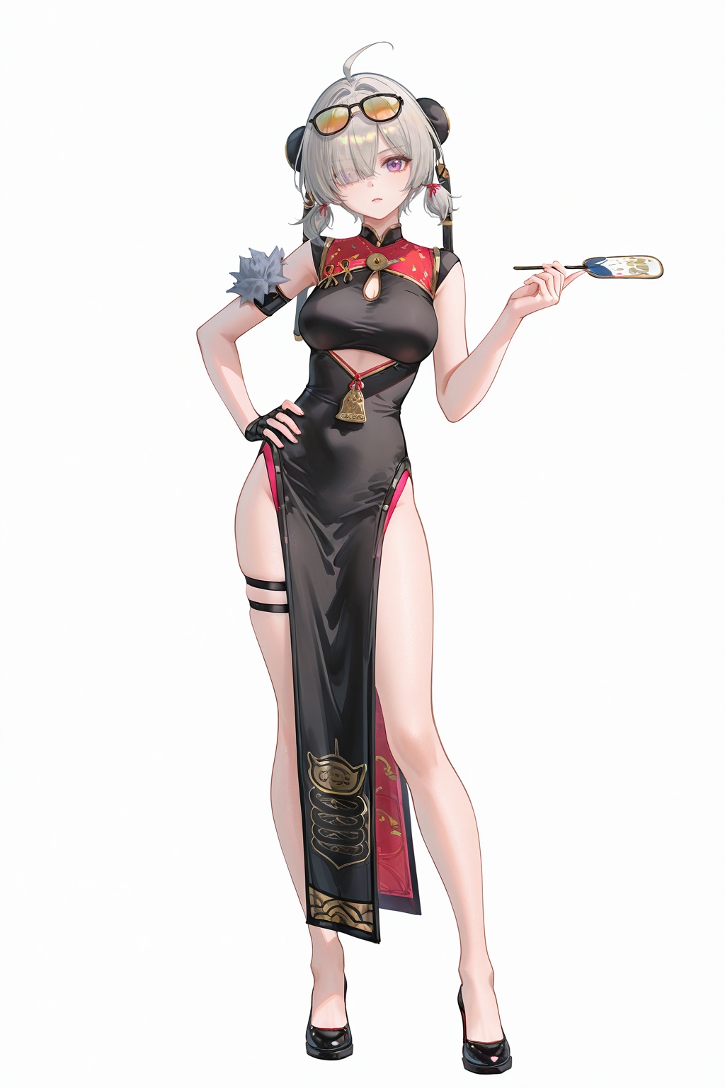 8k,best quality,masterpiece,(ultra-detailed),(high detailed skin),((artist:reoen),(artist:fuzichoco),(artist:atdan),(artist:torino_aqua),year 2024:0.8)1girl,[artist:wlop],[artist:ningen_mame],artist:ciloranko,[[artist:rhasta]],artist:tidsean,colorful,jijia,2d,ambient light,full body,full shot,standing,looking at viewer,(solo:1.2),simple background,(white background:1.2),hand on own hip,(white background:1.1),<lora:hongdou-ill-Tanger-000014:0.8>,Sweety \(Zenless Zone Zero\),clothes: Sweety def black china dress,1girl,black single fingerless glove,eyewear on head,hair over one eye,purple eyes,breasts,black dress,ahoge,chinese clothes,black footwear,