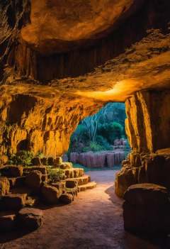 photograph, landscape of a Mythical Grotto from inside of a Harare, at Twilight, Depressing, Cloudpunk, Cold Lighting, dynamic, Nikon d850, Depth of field 270mm, Amaro, Golden ratio