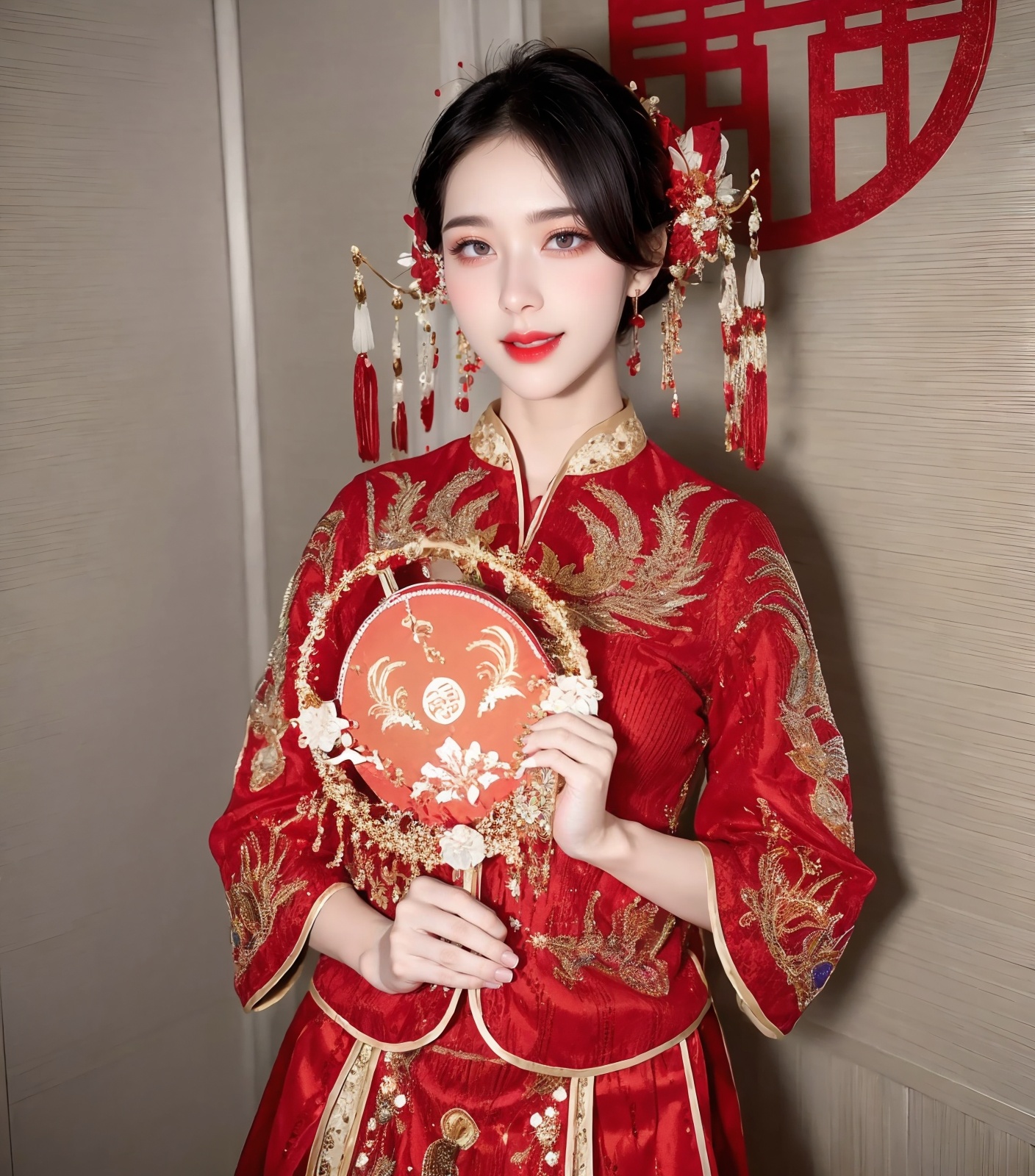 1girl,jewelry,red_lips_,water red lips,drop earrings,eye makeup,black hair,(solo:1.1),embroidery,full breasts,bridal headwear,holding uchiwa,uchiwa,<lora:秀禾抖音利世团扇1.3:0.8>,hand-held round fan,round fan handle,