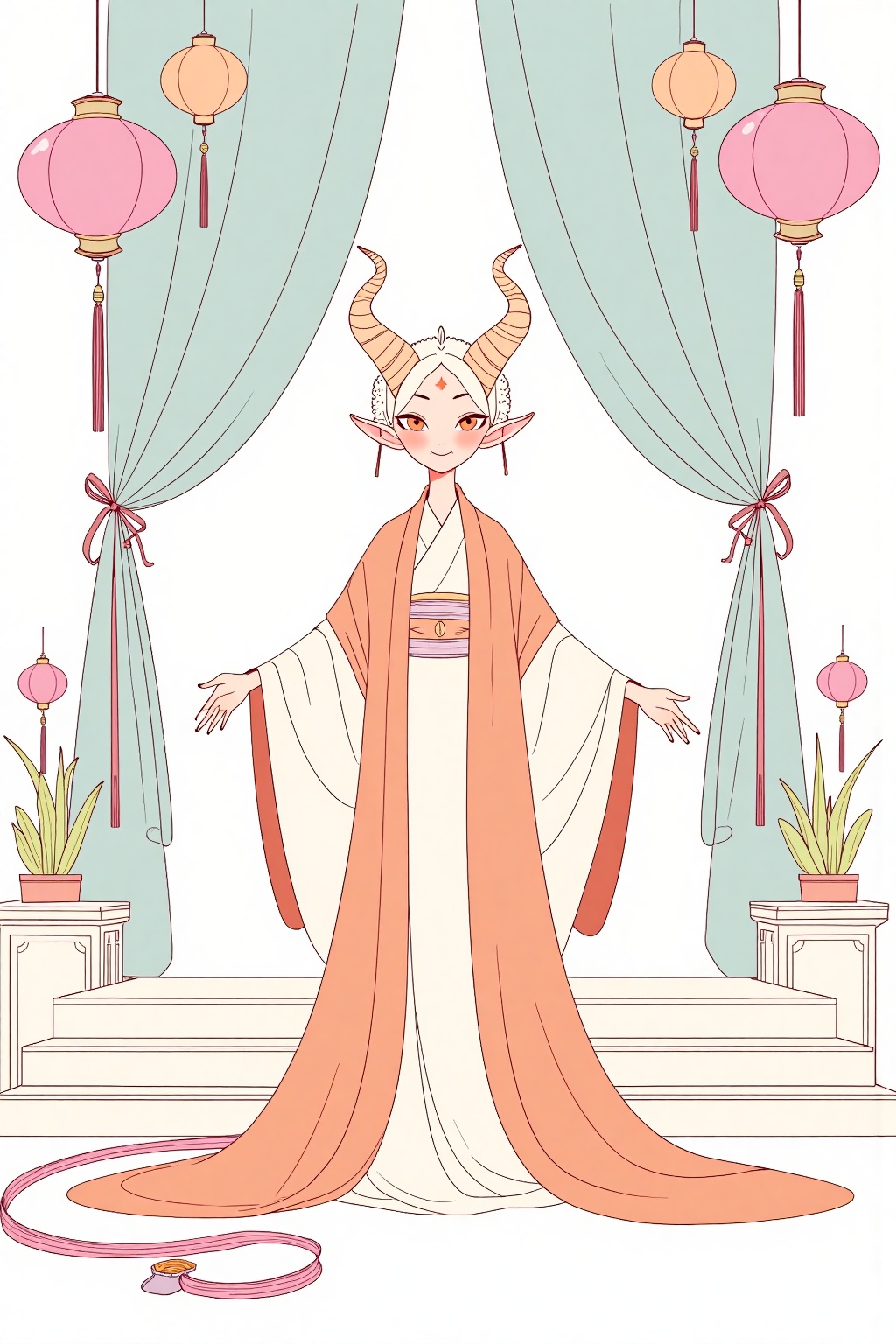 beijihui,A cartoon drawing of a woman with horns on her head. The woman is wearing a white dress with a long orange robe draped over her shoulders. She is standing on a set of stairs with her arms outstretched. There is a light blue curtain behind her. There are pink lanterns hanging from the ceiling above her.