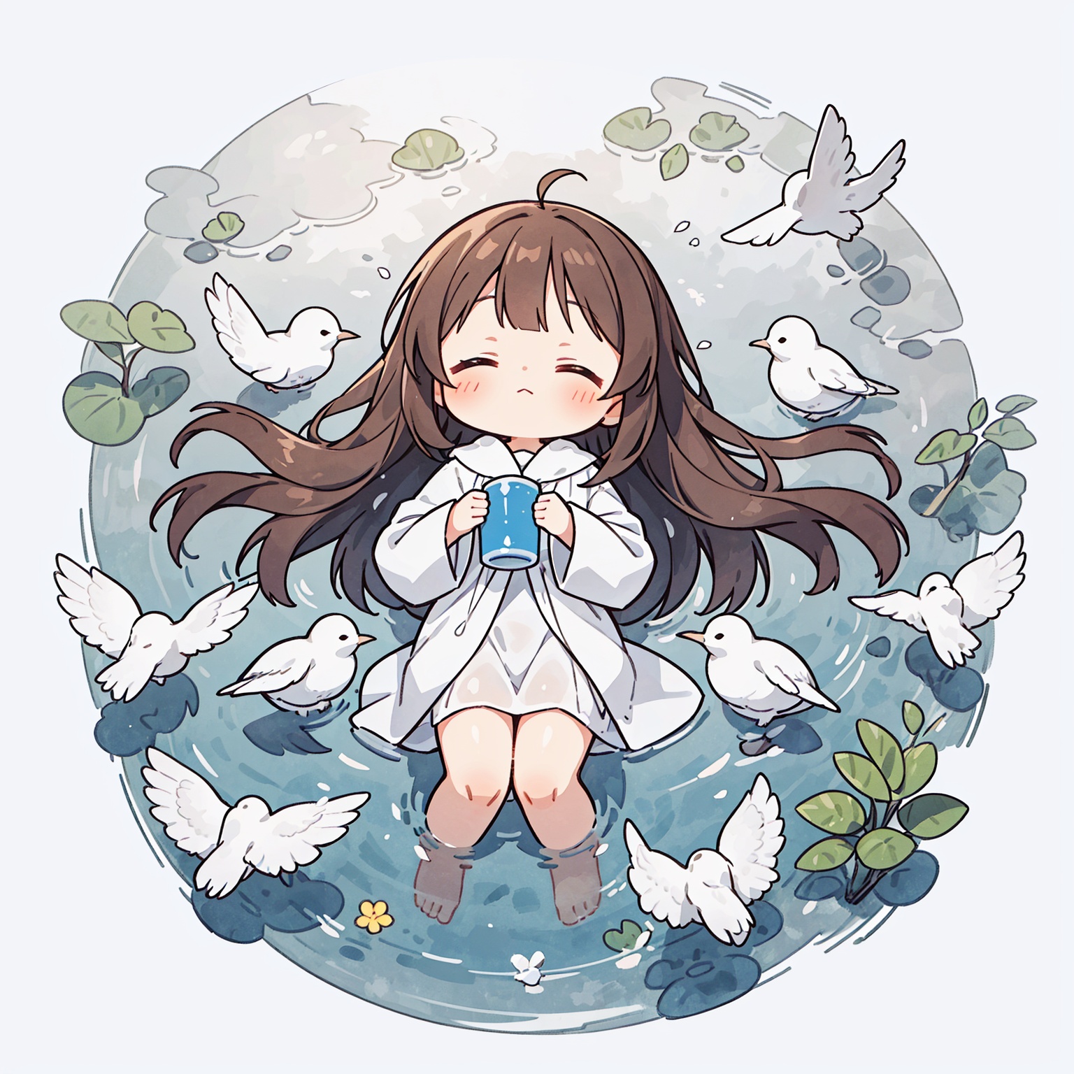 1girl, brown hair, long hair, closed eyes, (above ground),lying on back, (water surface, reflection, surrounded by white birds), ((from above)), blurry, (full body, wide shot, panorama), (grey background), (shining, fog),