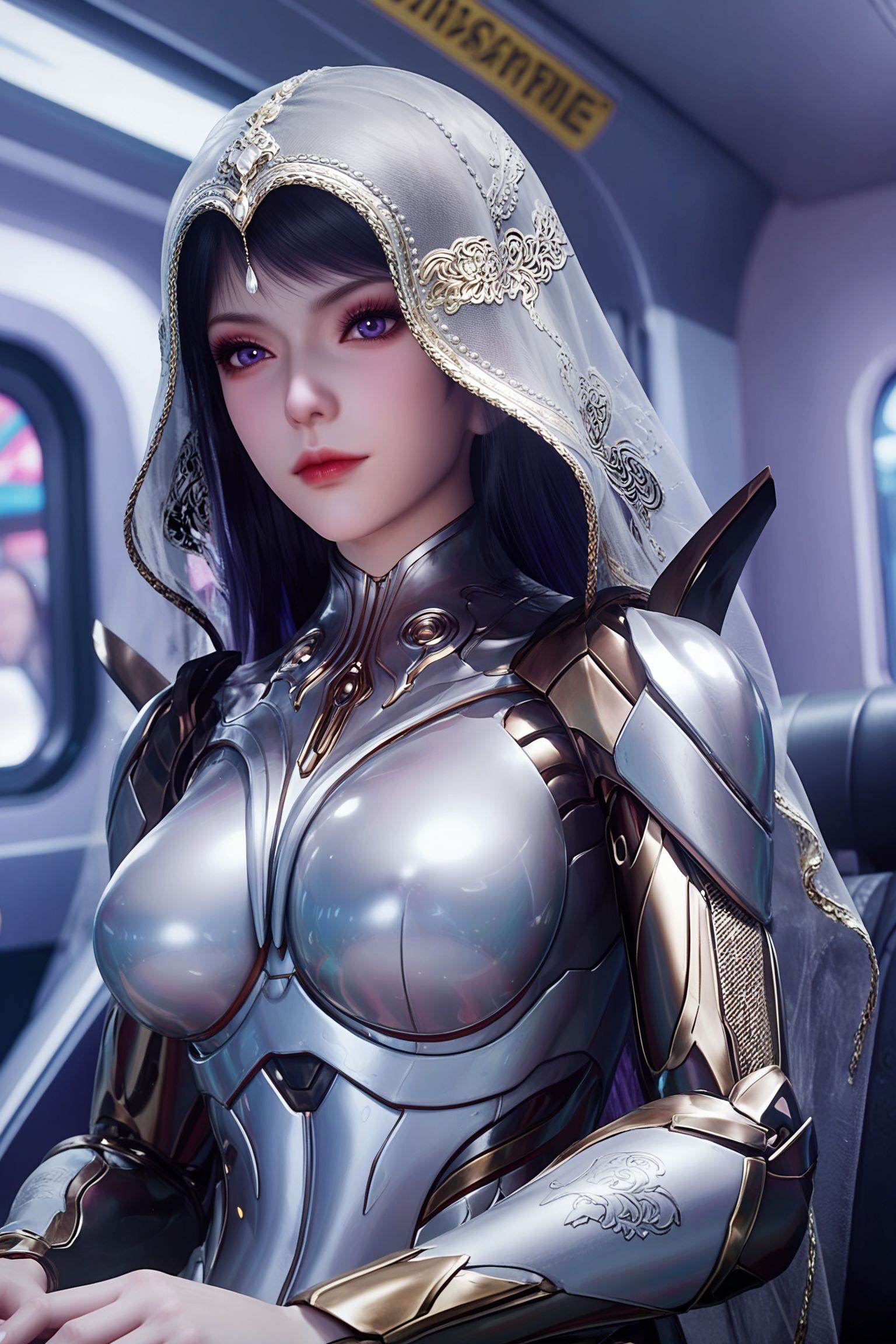 1girl,solo,<lora:吞噬星空幻灵王Pony-新底模:0.7>,wears a flowing,sheer veil that drapes over her head and shoulders,adorned with intricate,golden embroidery.wears a flowing,sheer veil that drapes over her head and shoulders,adorned with intricate,golden embroidery.wears a form-fitting,metallic bodysuit that covers her entire body,BREAK fair_skin,white_skin,shiny_skin,Ivory_skin,solo focus,(perfect_face:1.2),(perfect_anatomy:1.1),(upper_body:1.2),(portrait:1.1),sitting,(train_interior:1.1),(blurry_background:1.2),score_9,