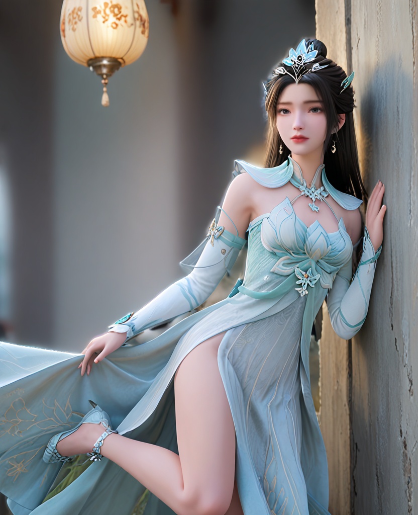 (oriental architecture, elegant decor, sophisticated style:1.1),(Leaning on a wall with one leg bent, looking contemplative:1.1),(breasts:1.2),<lora:XL遮天颜如玉:0.95>,1girl,long hair,black hair,black eyes,earrings,hair_ornament,headpiece,breast,medium breast,bare shoulders,dress,white_dress,bare_legs,, score_9,score_8_up,score_7_up,score_6_up,score_5_up,score_4_up,3d rendering,tag1,tag2, Cinematic Lighting,backlighting,