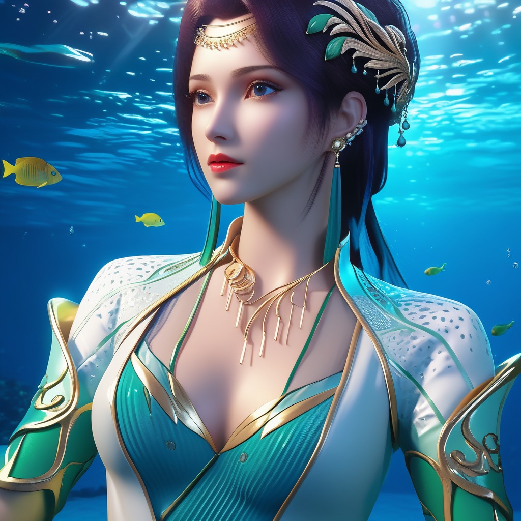 <lora:786-DA-XL-斗破苍穹-云韵-绿服:0.8>, (,1girl, ,best quality, ),looking at viewer,masterpiece, ((((, solo,  , ,solo focus, ,underwater, )))) ,ultra realistic 8k cg,   clean, masterpiece,     cinematic lighting, cinematic bloom,  (( , )),, , unreal, science fiction, luxury, jewelry, diamond, gold, pearl, gem, sapphire, ruby, emerald, intricate detail, delicate pattern, charming, alluring, seductive, erotic, enchanting, hair ornament, necklace, earrings, bracelet, armlet,,(cleavage),,