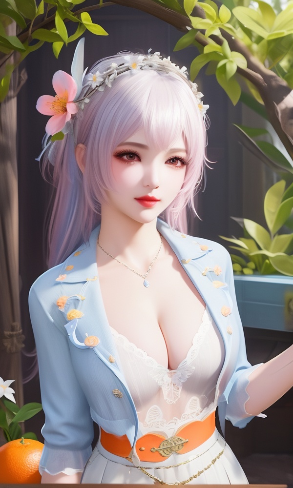 (,1girl, ,best quality, ),looking at viewer, <lora:480-DA-斗罗大陆-永劫无间-唐舞桐:0.8> ,ultra detailed background,ultra detailed background,ultra realistic 8k cg,, ,masterpiece, (( , )),, ,      ,  orange blossoms,  (cleavage), (), ,,