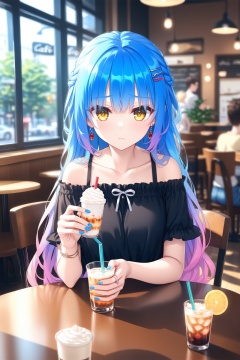 (masterpiece),(best quality),illustration,ultra detailed,hdr,Depth of field,(colorful),hair ornament,cafe,shirt,sitting,long hair,blue nails,drinking straw,closed mouth,yellow eyes,off-shoulder shirt,solo focus,multiple girls,jewelry,holding,indoors,eyelashes,blue hair,collarbone,nail polish,cup,earrings,hairclip,casual,off shoulder,blurry,hair between eyes,straight-on,table,braid,blurry background,looking at viewer,bare shoulders,holding cup,eyes visible through hair,gradient hair,black shirt,frilled shirt,restaurant,frills,multicolored hair,3girls,yellow shirt,fingernails,bracelet,chair,very long hair,drinking glass,frown,1boy,short sleeves,drink,food,sidelocks,wavy hair,plant,