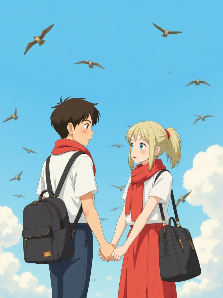 cpppppi, sfw, sky, birds, 1boy, day, brown eyes, 1girl, open mouth, red eyes, sky blue eyes, short hair, holding hands, short sleeves, blonde hair, red scarf, red skirt, black hair, long hair, brown hair, looking at another, clouds, school uniform, birds of prey, birds of prey, short ponytail, scarf, backpack, skirt, bag, holding, school bag, flying, open clothes . Ghibli character style,