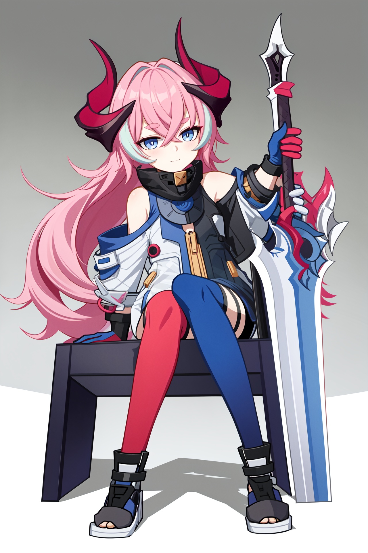 delta honkai3rd,<lora:delta-000015:0.8>,asymmetrical legwear,red legwear,blue legwear,expressionless,sitting on the throne,weapon,pink hair,sword,horns,sitting,solo,long hair,blue eyes,looking at viewer,thighhighs,mismatched legwear,bangs,full body,closed mouth,gloves,crossed legs,asymmetrical legwear,bare shoulders,shoes,jacket,holding weapon,smile,black gloves,holding,holding sword,long sleeves,, 1girl,,  (masterpiece,best quality:1.2),absurdres