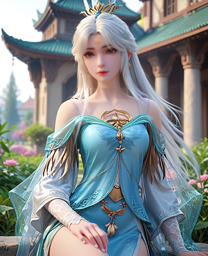 (oriental architecture, elegant decor, sophisticated style:1.1),knees apart feet together,(breasts:1.2),<lora:XL完美世界银凰雪琳:0.9>,miss xuelin,solo,blue topwear,see-through shawl of green,side slit maxiskirt of silver,blue eyes,eyelashes,bangs,forehead mark,white hair,long hair,hair ornament,jewelry,bare shoulders,lips,hanging hair,opera sleeves,, zPDXL2, score_9, score_8_up, score_7_up BREAK realistic, masterpiece,best quality, highly detailed,, zPDXL3, zPDXL2,zPDXL, zPDXLxxx, zPDXLrl,