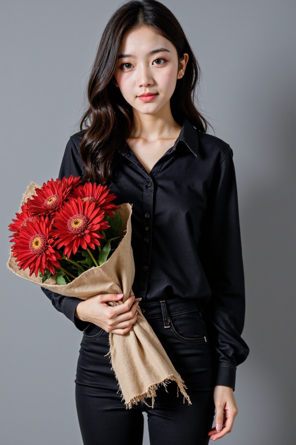A photograph of a young Asian woman with fair skin and long, wavy black hair. She is wearing a black, long-sleeved button-down shirt and high-waisted black pants. She holds a bouquet of vibrant red chrysanthemums wrapped in a beige burlap cloth with frayed edges. The background is a plain, muted gray. The woman's expression is neutral, and she stands confidently with her left hand resting on her hip.