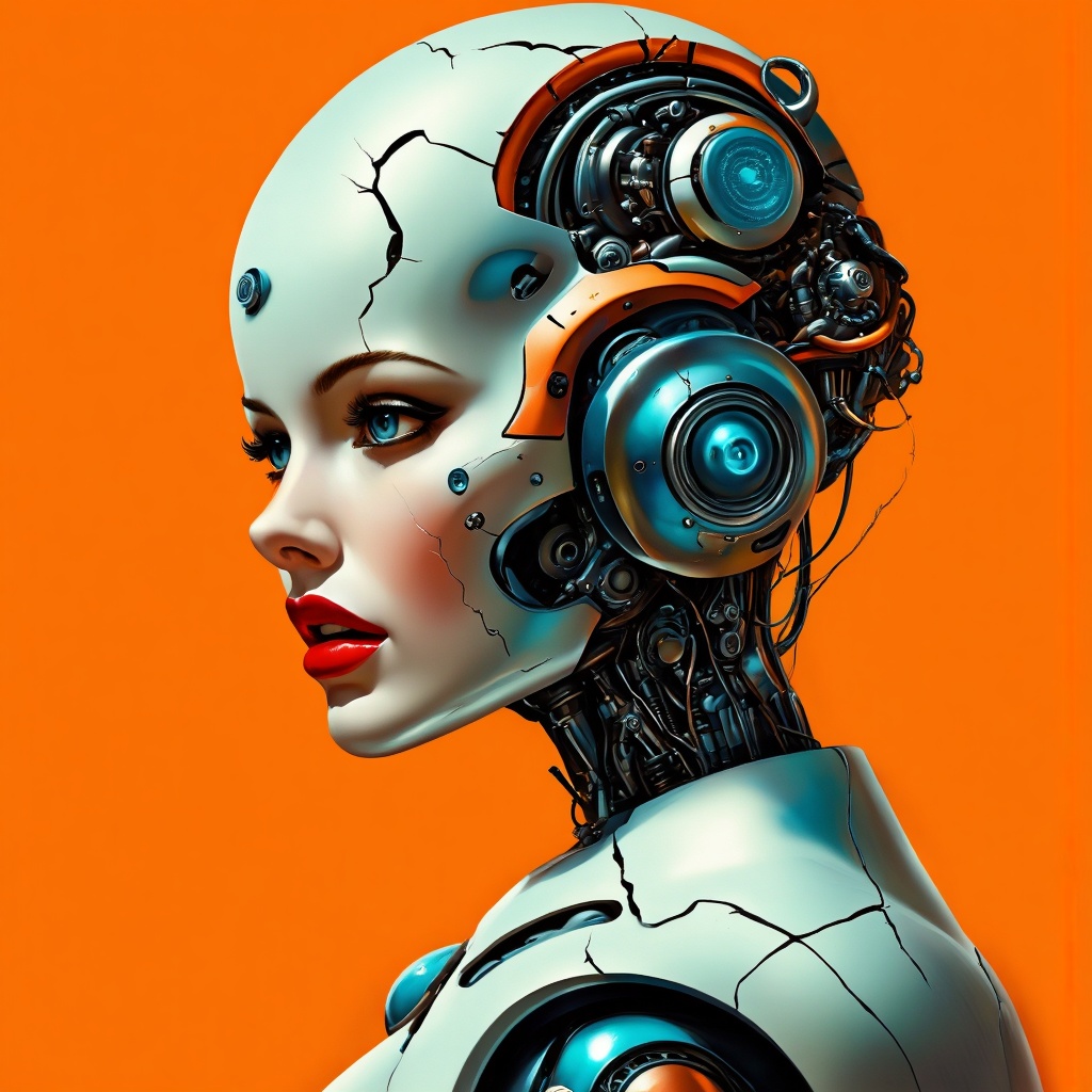 A vivid digital artwork depicts a female figure with a robotic head. The head is intricately detailed,  featuring a comple...
