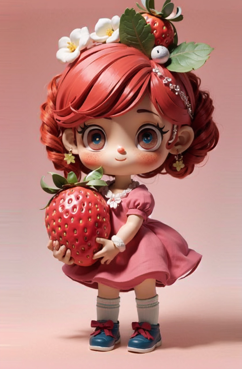 masterpiece,best quality,absurdres,1girl, solo, fruit, strawberry, red hair, freckles, earrings, striped, jewelry, bow, short sleeves, smile, standing, holding strawberry, full body, shoes, holding, puffy sleeves, food-themed hair ornament, red dress, puffy short sleeves, hair ornament, brown eyes, simple background,chibi,