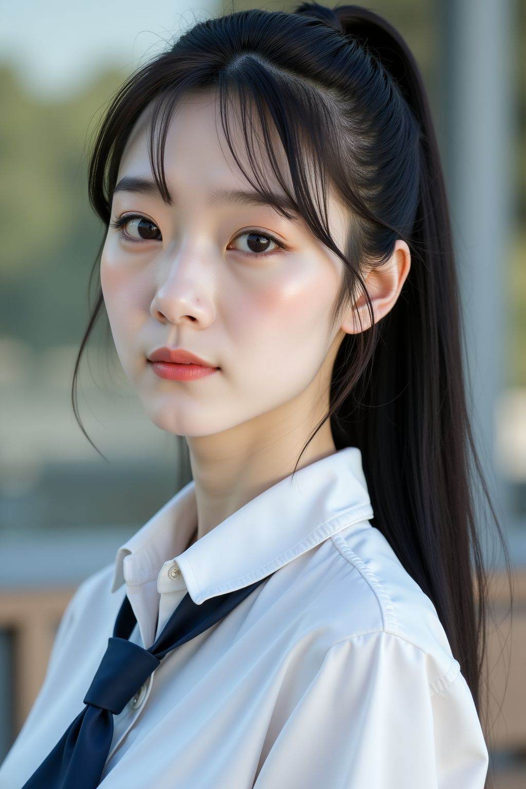This is a photograph of a young woman with fair skin and long,  straight black hair tied in a high ponytail. She has delic...