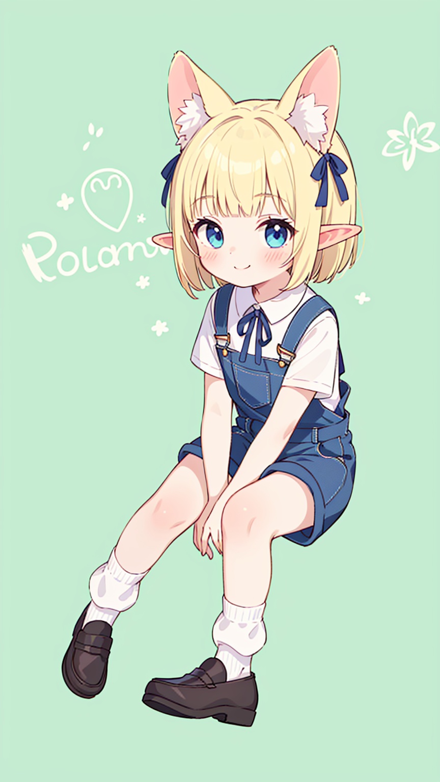 (masterpiece),(best quality),illustration,1girl,loli,(child),kawaii,solo,elf,blonde hair,short hair,blunt bangs,elf ears,blue eyes,ribbon,neck ribbon,black ribbon,bangs,smile,shirt,blue ribbon,overalls,shorts,bobby_socks,loafers,