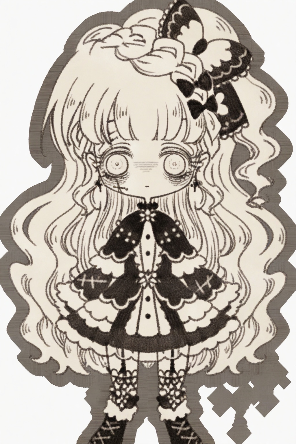 1girl,solo,long hair,looking at viewer,long sleeves,hair ornament,dress,thighhighs,bow,very long hair,standing,full body,monochrome,braid,hair bow,greyscale,frills,boots,chibi,wavy hair,garter straps,lolita fashion,bags under eyes,gothic lolita,<lora:mnsp Texture2D:1>,