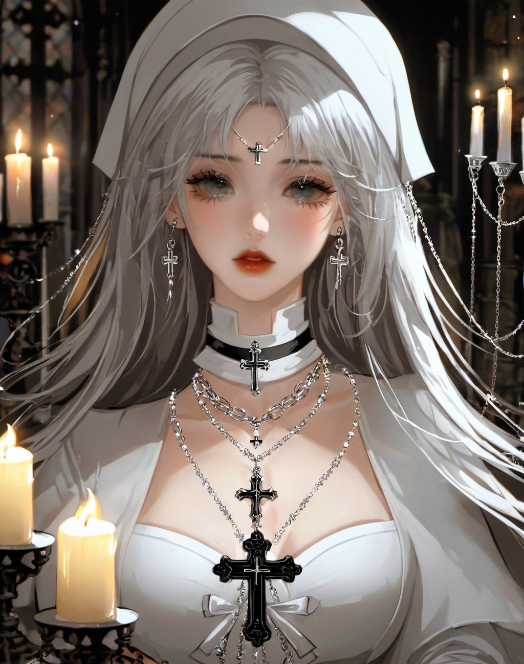 highly detailed,ultra-high resolutions,32K UHD,best quality,masterpiece,exquisite style,1girl,jewelry,candle,nun,solo,black nails,long hair,necklace,cross,A melancholic-looking animated character with silver hair,wearing a black and white outfit,is surrounded by candles and chains in a dimly lit,gothic setting.,<lora:Exquisite style-000007:0.85>,