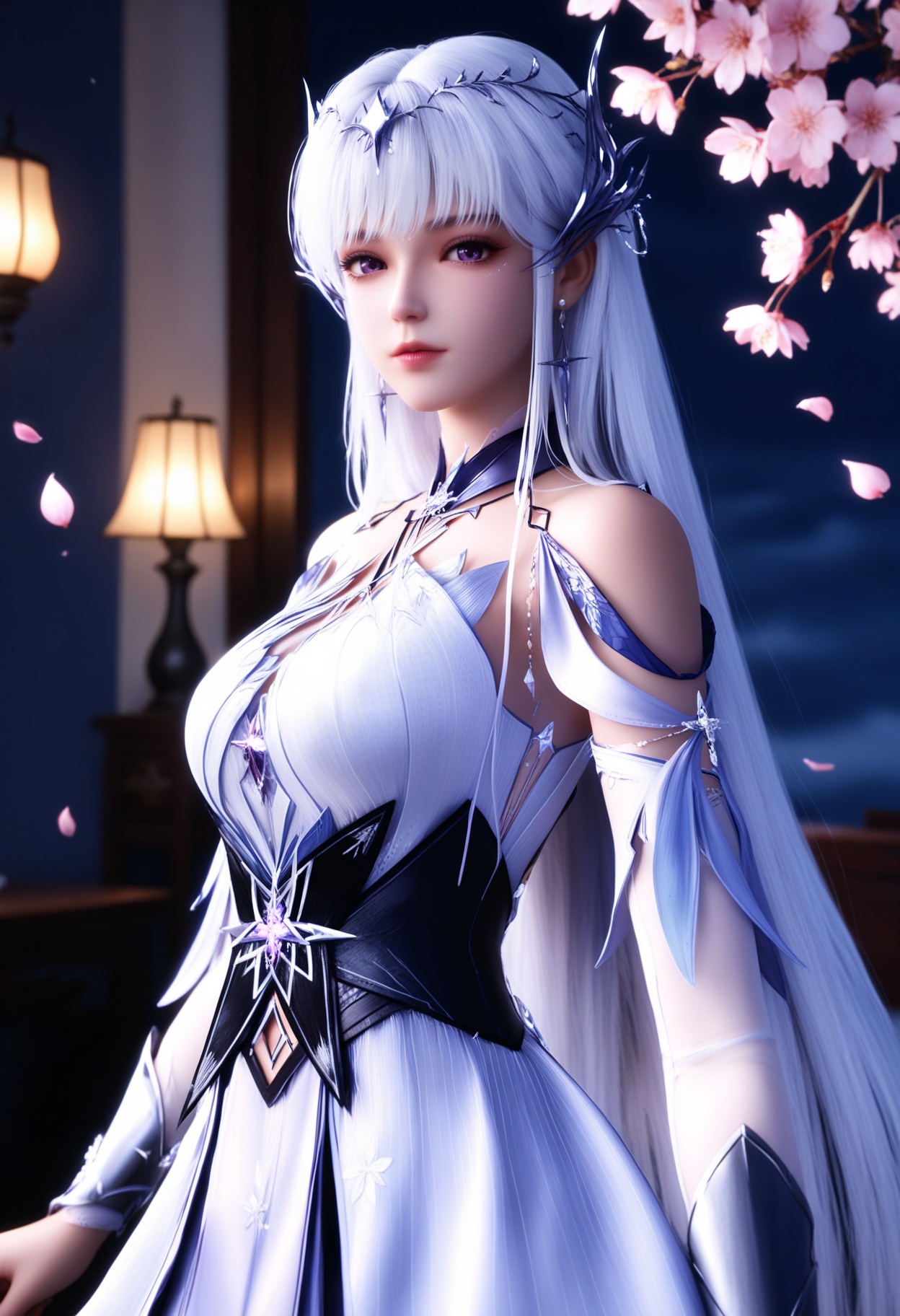 masterpiece,best quality,amazing quality,high resolution,ultra-detailed,absurdres,high res,8K,(looking at viewer:1.1),upper body,(Dark room:1.3),(moody lighting:1.1),peach blossom,falling petals,(large breasts:0.8),shengcaiersj,1girl,solo,long hair,hair ornament,dress,white hair,bare shoulders,purple eyes,white dress,jewelry,realistic,earrings,detached sleeves,high_heels BREAK photorealistic details,<lora:QQSillshengcaiersjV1:0.8>,