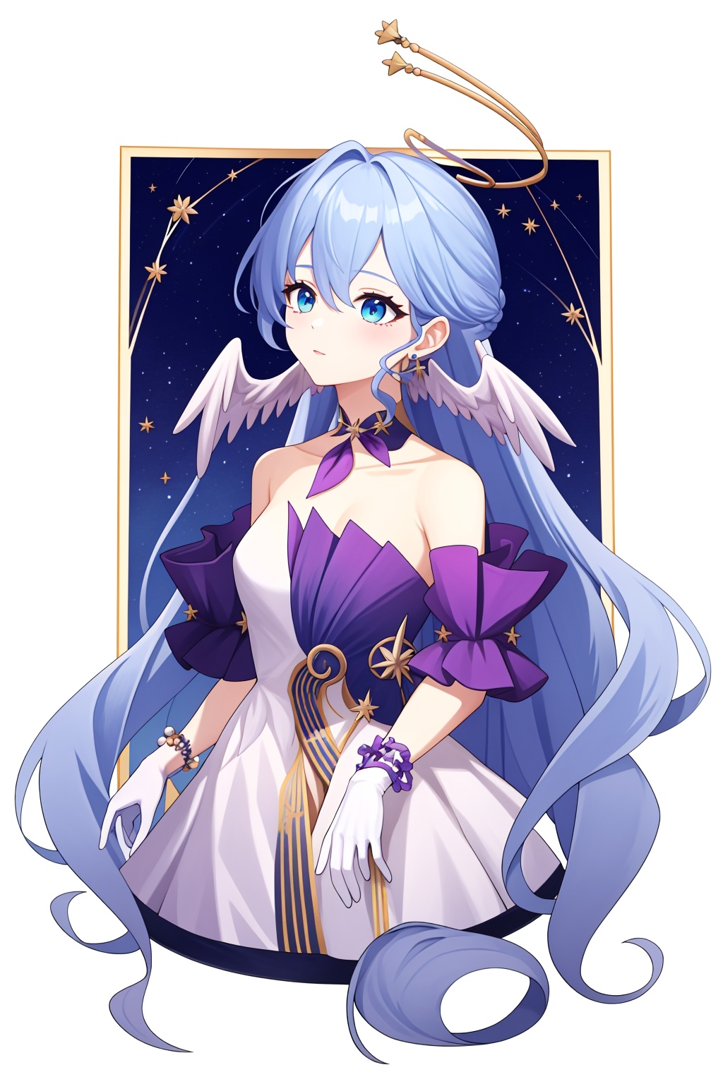 <lora:知更鸟naiv1:1>,robin,a girl named robin,1girl,white dress,bare shoulders,halo,white gloves,earrings,bracelet,head wings,, (masterpiece,best quality,high quality:1.4),absurdres,