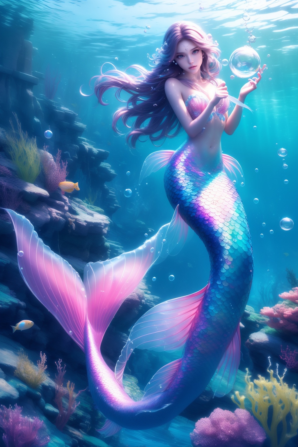 1gril,mermaid,underwater,bubble,, masterpiece,best quality,highly detailed,Amazing,finely detail,extremely detailed CG unity 8k wallpaper,score:>=60,