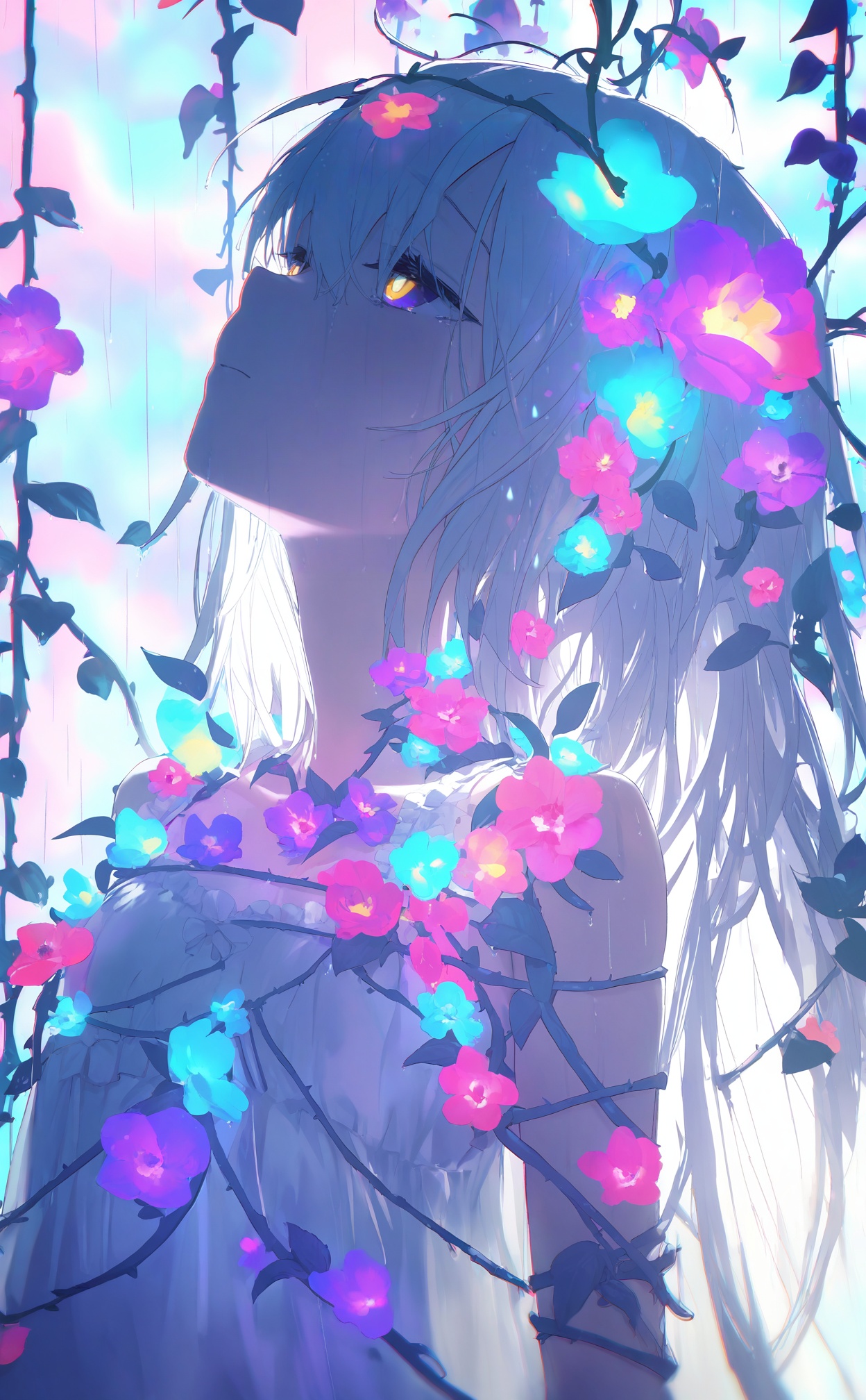 masterpiece,highres,absurdres,newest,best quality,high quality,loli,petite,chromatic_aberration,//,,illustration,ultra detailed,hdr,Depth of field,(colorful),loli,white background,Dundar effect,a lot of purple vines,vines covering half of the painting,delicate plant details,a girl,girl,petite girl,long white hair,golden pupils,white dress,bare feet,side,side,upper body,head up,sad eyes,rain,light,figure light,petals,purple filter,left,fog,dream,unreal,Blur,float light,//,<lora:konya_karasue2——【noob】hans:0.8>,,