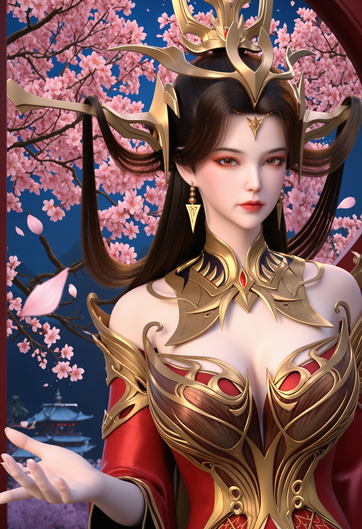 (upper_body:1.2),(looking at viewer:1.1),masterpiece,(best quality),smog,Dark room,dim lighting,peach blossom,falling petals,<lora:YQ_Illustrious光辉v5_朱雀若天_V1:0.8>,q1528437228,1girl,solo,long hair,hair ornament,jewelry,earrings,brown hair,black hair,dress,red dress,detached sleeves,detached collar,red eyes,long sleeves,brown eyes,collar,metal collar,wide sleeves,blue eyes,high heels,hair rings,chinese clothes,headgear,forehead mark,