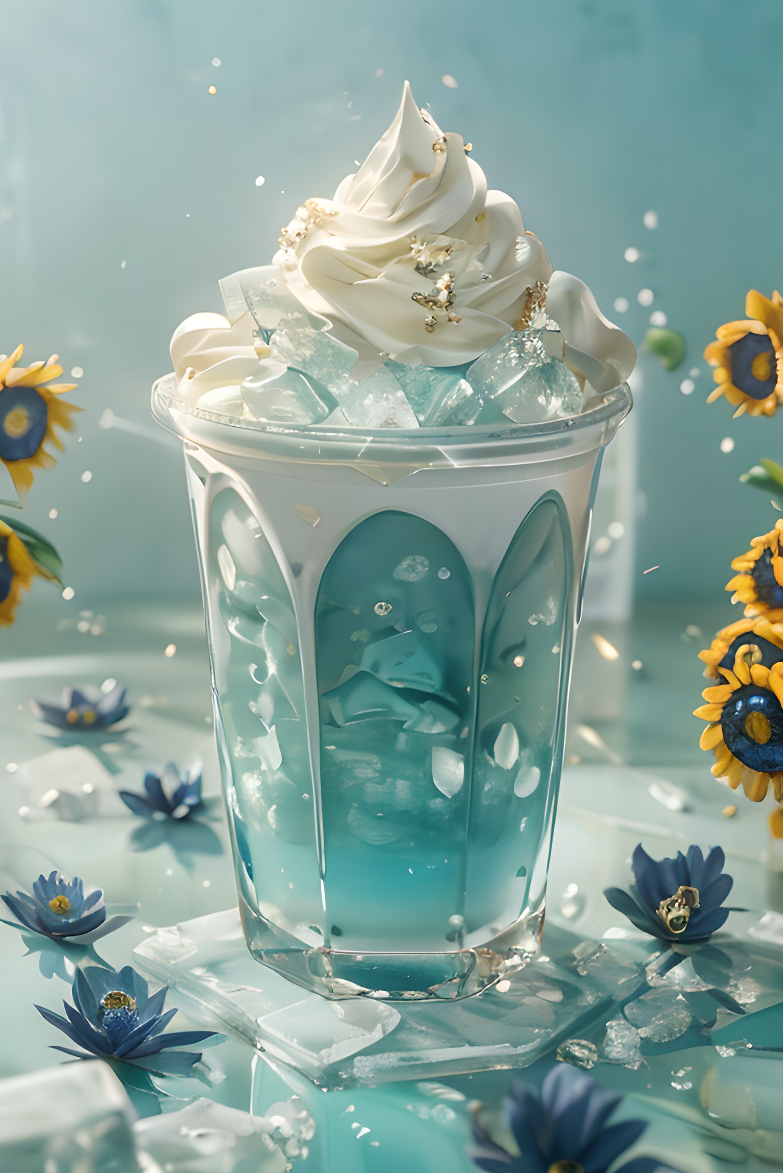(Shooting blockbusters:2),(Masterpiece, High Quality, Superior Quality, Official Art, Beauty  and  Aesthetics): 1.2),( a cup surrounded by Crushed ice blue flowers:1.2), milky transparent water, product poster, ( Crushed Ice Blue),Gradient Purple, simple, clean light color background, ray tracing, foreground occlusion, natural light, jungle, c4d, oc rendering, product photography ,(There are a lot of ice cubes next to the cup:1.2)<lora:20240228-1709100055188:0.66>Cool feeling,Ice World,realistic,