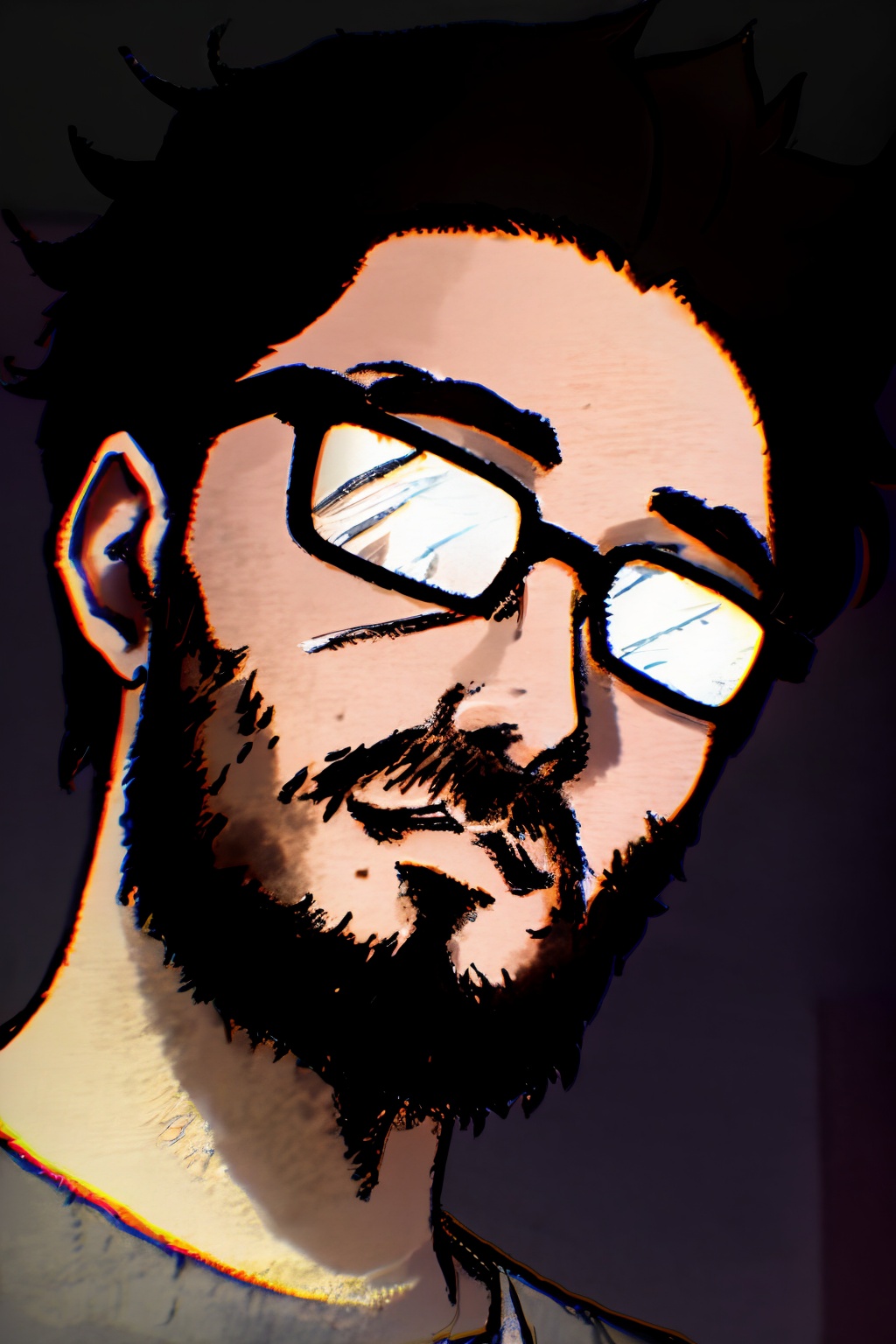 anzhiju_style, a man with glasses and a beard stares into the distance with a dark background and a black background behind him, solo, simple background, shirt, black hair, 1boy, closed mouth, male focus, glasses, sweater, facial hair, portrait, beard, black-framed eyewear, mustache, opaque glasses, short hair, striped, indoors, striped shirt, stubble