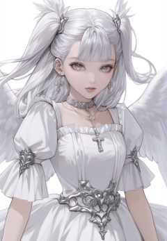 (best quality), ((masterpiece)), (highres), illustration, original, extremely detailed, <lora:美の欲:0.7>1girl, solo, jewelry, white hair, white theme, wings, long hair, grey eyes, cross, white background, earrings, looking at viewer, white dress, simple background, dress, parted lips, bangs, choker, ring, twintails, puffy sleeves, necklace, feathered wings, two side up, angel wings