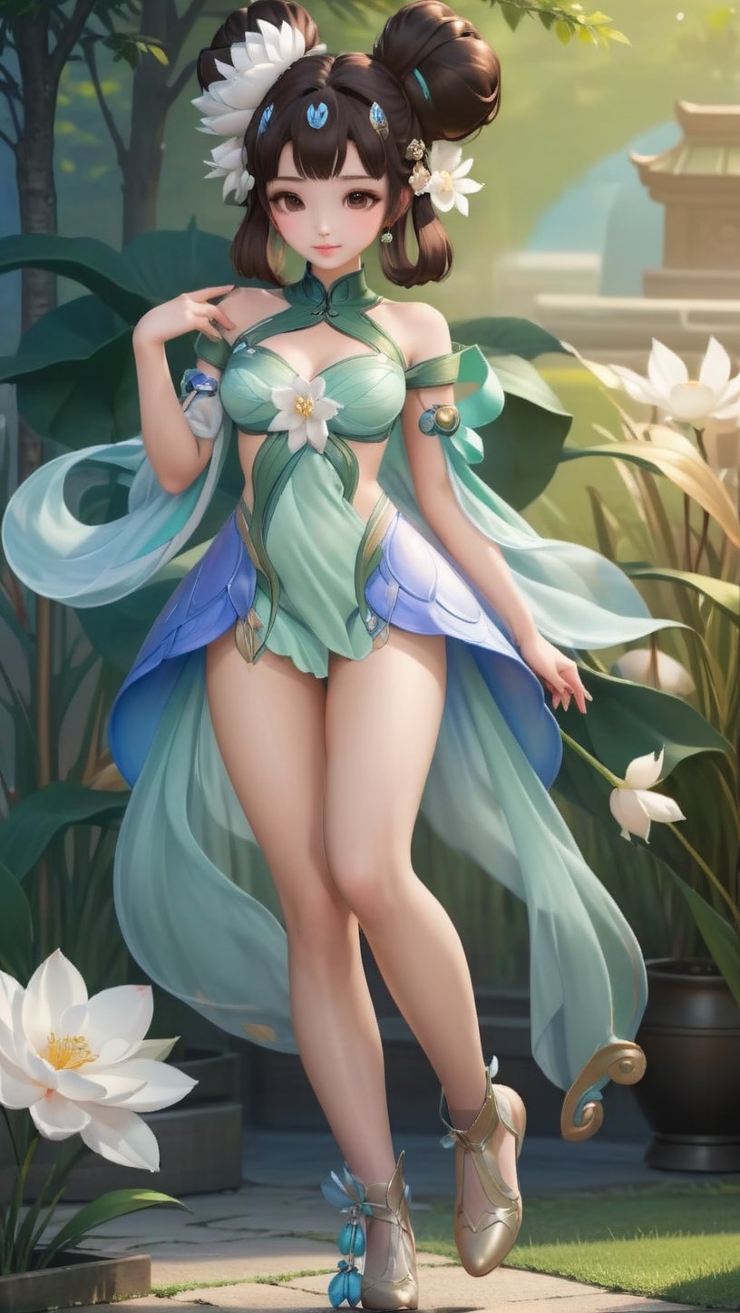 (1girl),smooth chin,masterpiece,detailed face,((hair ornament focus)),top quality,4k,make up,best quality,small breasts,(looking at viewer),chinese clothes,hair BUN,(double bun),full boday,brown hair | blue hair flower,<lora:王者_小乔_青蛇XL_v1.0:0.81>,big hair bun,(legs),puffy pants,(see-through),aged down,dress,(nipples:1.05),*****,female orgasm,(nude:1.5),pubic tattoo,lift skirt,exposed breasts,exposed *****,blush,blush body,light green dress,grass,thighhighs,