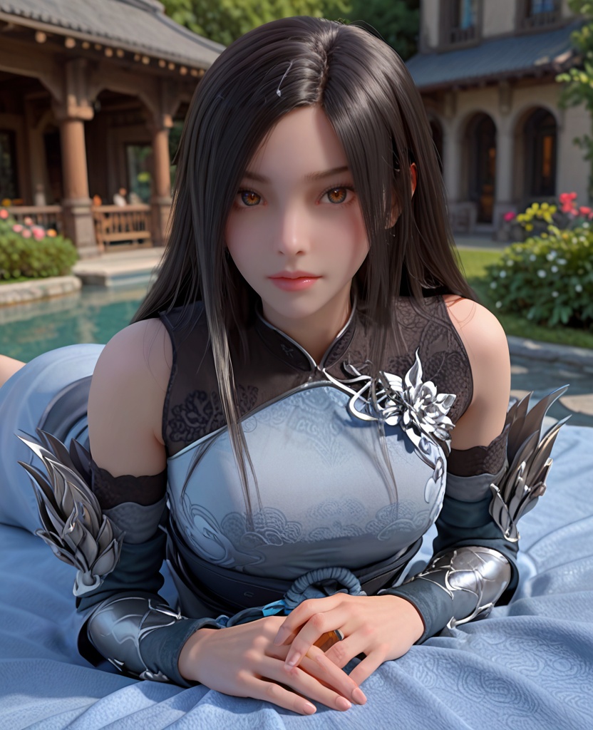 (oriental architecture, elegant decor, sophisticated style:1.1),Lying down on stomach with head propped up on hands,,(breasts:1.2),<lora:XL完美世界重瞳女:0.9>,miss chongtongnv,solo,raglan sleeve dress,sash,clothes ornaments,shoulder cutout,black hair,long hair,floral print,gauntlets,vambraces,dicoria,shawl,streaked hair,, zPDXL2, score_9, score_8_up, score_7_up BREAK realistic, masterpiece,best quality, highly detailed,, zPDXL3, zPDXL2,zPDXL, zPDXLxxx, zPDXLrl,