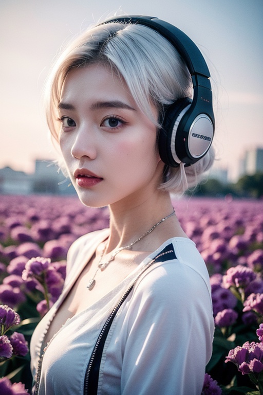 A young Chinese woman,alone,short hair,Close-up,1girl,Without wearing any clothing,half body unbuttoned buttonabsurdres, futuristic world, cyberpunk, surreal rendering, a girl wearing headphones and tech VR glasses, wearing a silver reflective jacket, with flowers decorated on the headphones, looking very delicate, her hair is white with a pink-purple tone, she is wearing a necklace with floral patterns, surrounded by light blue-purple flowers, the background is a blurred sky, giving a dreamy feeling, the overall color is mainly pink and purple, creating a calm and mysterious atmosphere, influenced by cyberpunk and futurism, combining elements of technology and natural beauty, surrealist art