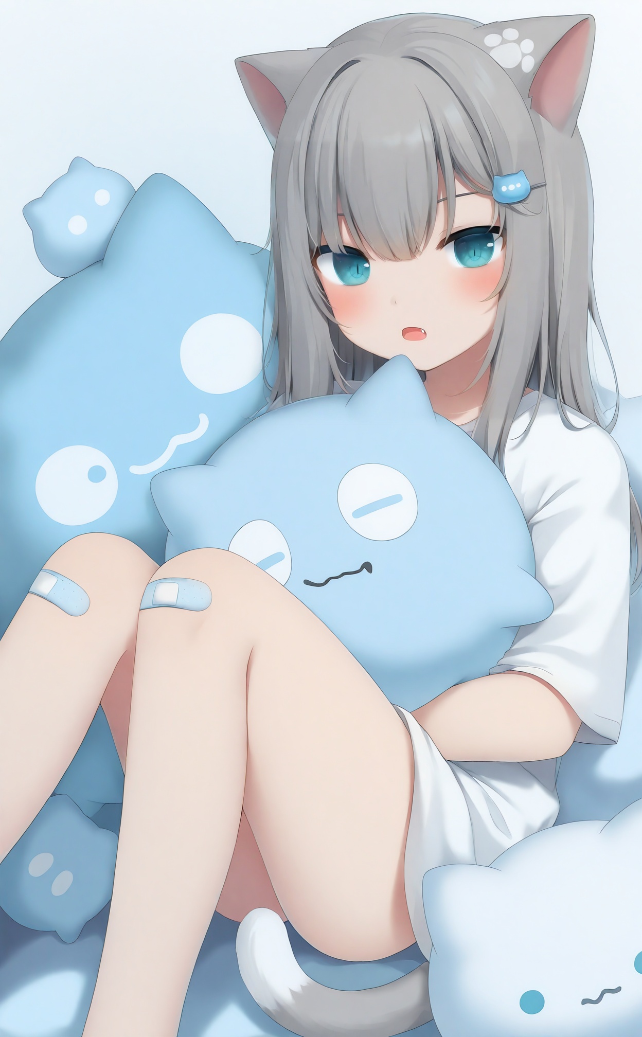 masterpiece,absurdres,best quality,loli,petite,high quality,chromatic_aberration,//,1girl,animal_ears,bandaid_on_leg,grey_hair,cat_ears,solo,shirt,hair_ornament,blue_eyes,looking_at_viewer,long_hair,bandaid_on_knee,white_shirt,bandaid,pillow,hugging_object,short_sleeves,hairclip,knees_up,cat_girl,blush,cat_tail,open_mouth,hair_between_eyes,parted_lips,fang,virtual_youtuber,sitting,tail,pillow_hug,eyebrows_hidden_by_hair,//,//,<lora:gancheng——【noob】hans:0.88>,