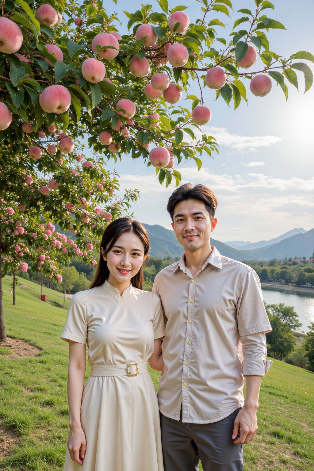 The photo shows two Chinese lovers standing side by side beneath a peach tree. The tree is in full bloom,bearing many large peaches. The woman on the left wears a light-colored,short-sleeved dress with a belt around her waist; the man on the right wears a light-colored button-down shirt and dark pants. Both stand on a grassy field,with mountains and a river in the background and the sun and some clouds in the sky.,