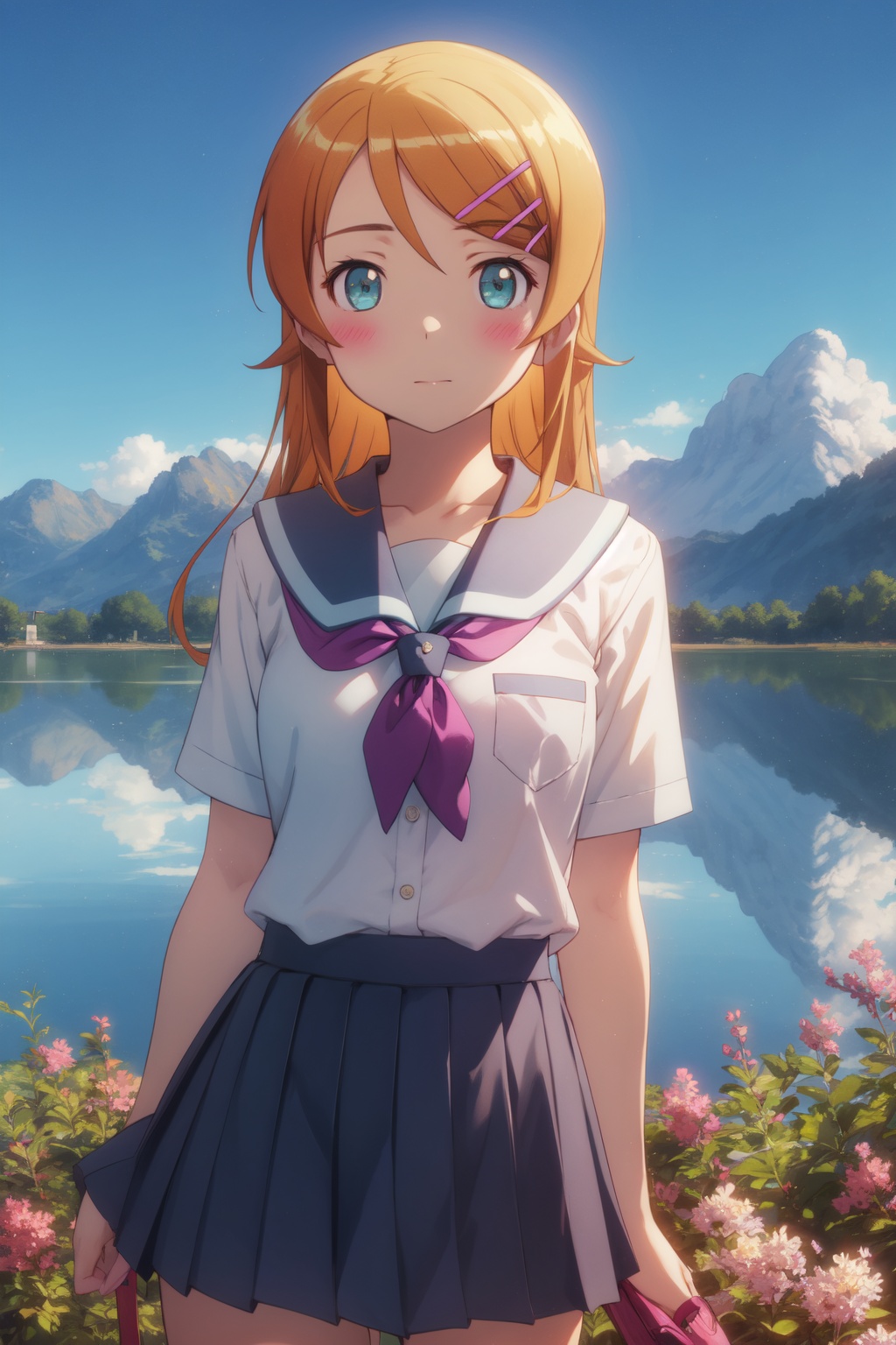 <lora:Kirino-000005:0.8>,Kirino cyql,1girl,looking at viewer,solo,long hair,orange hair,hairclip,hair ornament,aqua eyes,blush,school uniform,skirt,kousaka kirino's school uniform,Bored, A slack jaw, drooping eyelids, and a slightly uninterested gaze.,panorama,beautiful face,beautiful eyes,glossy skin,shiny skin,Lake, Wildflowers, Mountains, Reflection, Colors, Serenity, Tranquility,(Lavender, Roses, Hollyhocks, Climbing vines, Cottage charm, Bees buzzing:0.6),beautiful detailed sky,beautiful detailed glow,posing in front of a colorful and dynamic background,masterpiece,best quality,beautiful and aesthetic,contrapposto,female focus,wallpaper,fashion,