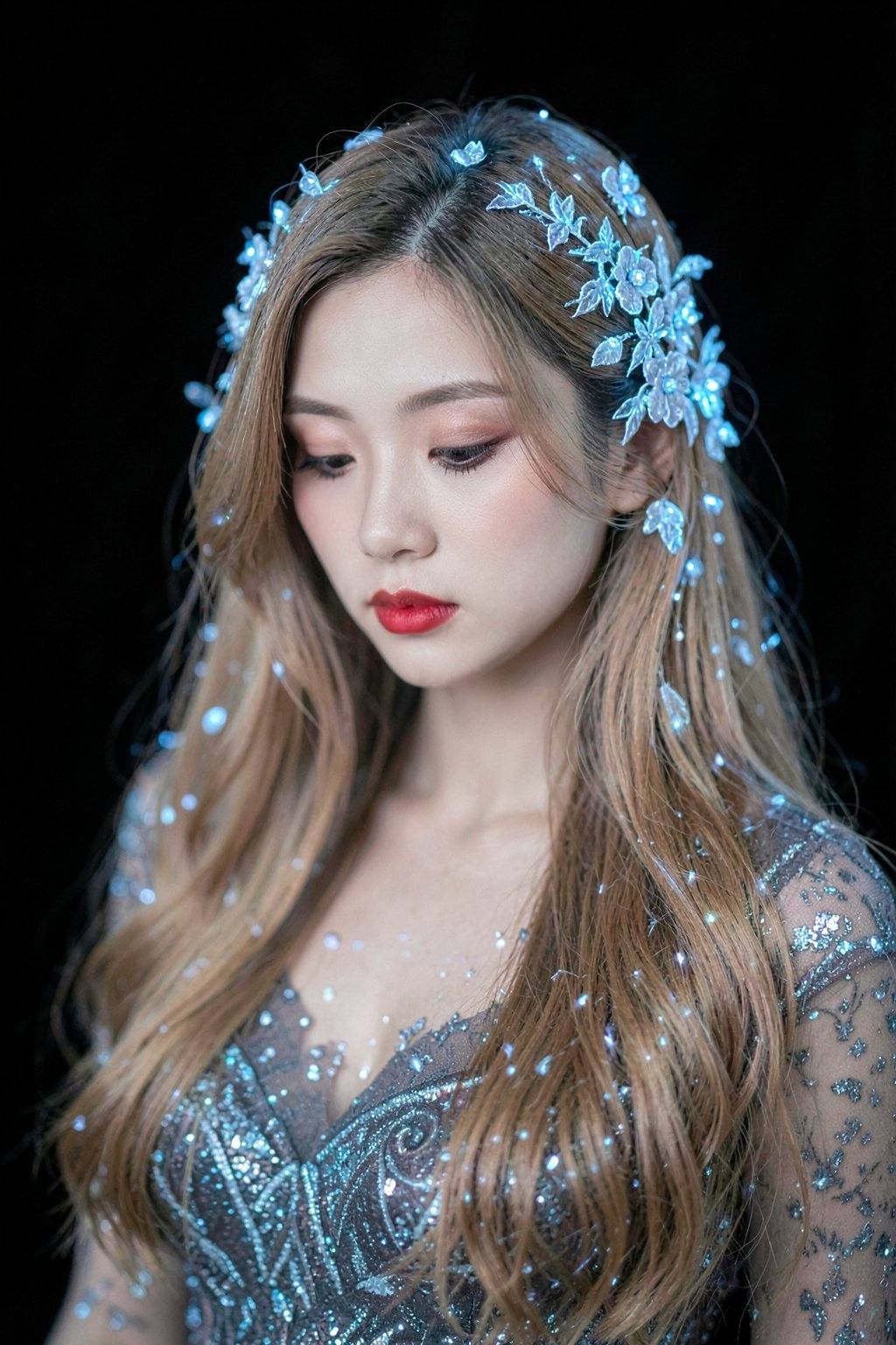 <lora:20260210_TinFlux2KleinAnimeLora2:0>, A captivating portrait features a young woman of East Asian descent, appearing in her early twenties, with long, flowing light brown hair cascading around her. She is adorned with intricate floral and light-like embellishments of luminous blue light, interwoven throughout her hair and clothing. The woman's gaze is directed downward, her expression serene and contemplative, highlighting her delicate facial features, soft skin, and gently parted lips, enhanced by a touch of red lipstick. She appears to be wearing an elegant, form-fitting dress with a subtle, shimmering pattern, further accentuated by the ethereal glow of the blue accents. The scene is bathed in a soft, ambient light, creating a sense of magic and mystery. The background is a deep, velvety black, intensifying the contrast and accentuating the luminous elements. The composition features a shallow depth of field, bringing the woman into sharp focus while the background fades into darkness. The overall mood is dreamlike, suggesting a blend of fantasy and realism, with a touch of Art Nouveau aesthetic.