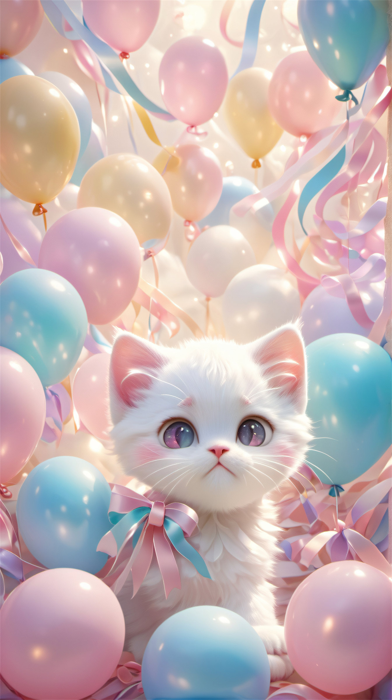 Dream style,no humans,animal focus,cat,balloon,animal,A cute white kitten with pink eyes is surrounded by pastel-colored balloons and ribbons in a dreamy,ethereal setting.,highly detailed,ultra-high resolutions,32K UHD,best quality,masterpiece,<lora:Dream style:0.9>,