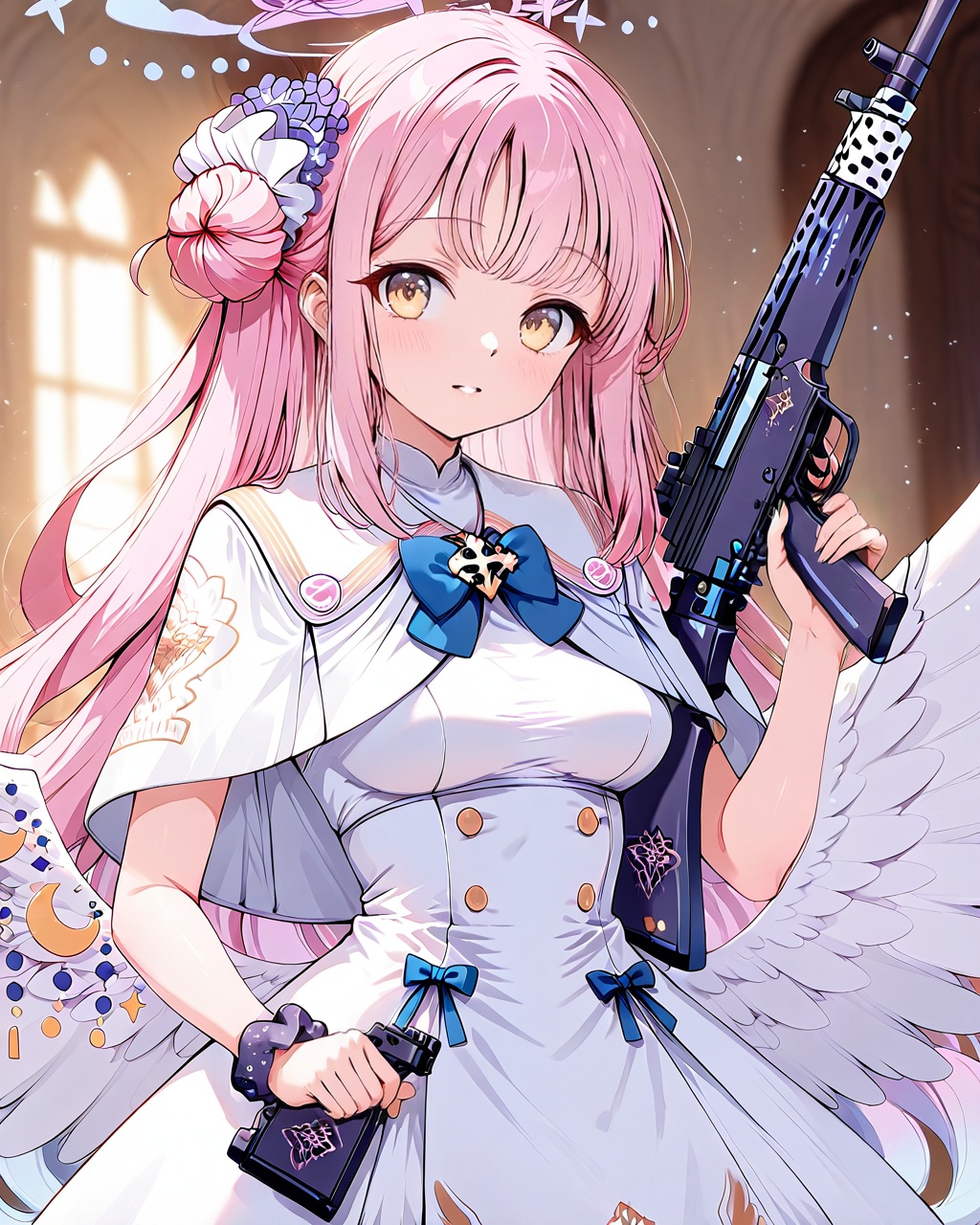mika (blue archive),O,1girl, weapon, mika (blue archive), gun, solo, pink hair, wings, halo, long hair, holding weapon, holding, yellow eyes, dress, flower, hair ornament, white dress, feathered wings, holding gun, white wings, hair flower, angel wings, hair bun, submachine gun, single side bun, blurry, very long hair, blurry background, breasts, capelet, feathers, low wings, bangs, bow, school uniform, medium breasts, frills, rifle, scrunchie, white capelet, pantyhose, depth of field, frilled dress, blue bow,(UHD),anatomically correct,accurate,textured skin,super detail,high details,award winning,best quality,high quality,retinal,HD,16k,1080P,