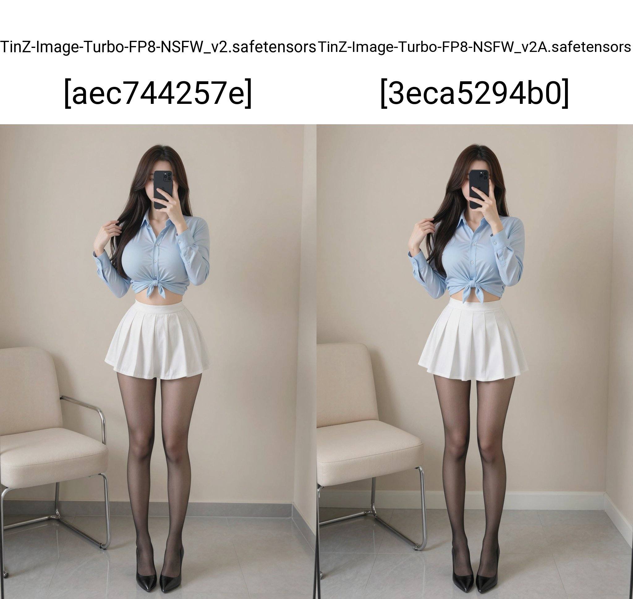 This photograph features a young woman standing in a minimalist, beige-walled room with a light gray tile floor. She has long, straight, dark brown hair that cascades over her shoulders. Her skin is fair, and she appears to be of East Asian descent. She is wearing a light blue, long-sleeved button-up shirt that is tied just below her bust, accentuating her medium-sized breasts. The shirt is slightly sheer, revealing a hint of her midriff. She pairs the shirt with a high-waisted, white, pleated mini-skirt that flares out at the hips, creating a playful, youthful look. Her legs are covered in sheer, black pantyhose that highlight her slender, toned physique, and she completes the outfit with black, pointed-toe high heels.She is holding a smartphone with a black case in front of her face, partially obscuring it as she takes a mirror selfie. Her right hand is raised, with her index finger lightly touching her hair. To her left, there is a modern, beige upholstered chair with a chrome frame. The overall lighting is soft and even, creating a clean and simple aesthetic. The image emphasizes the subject's fashion and style, focusing on the contrast between her light blue shirt and white skirt.