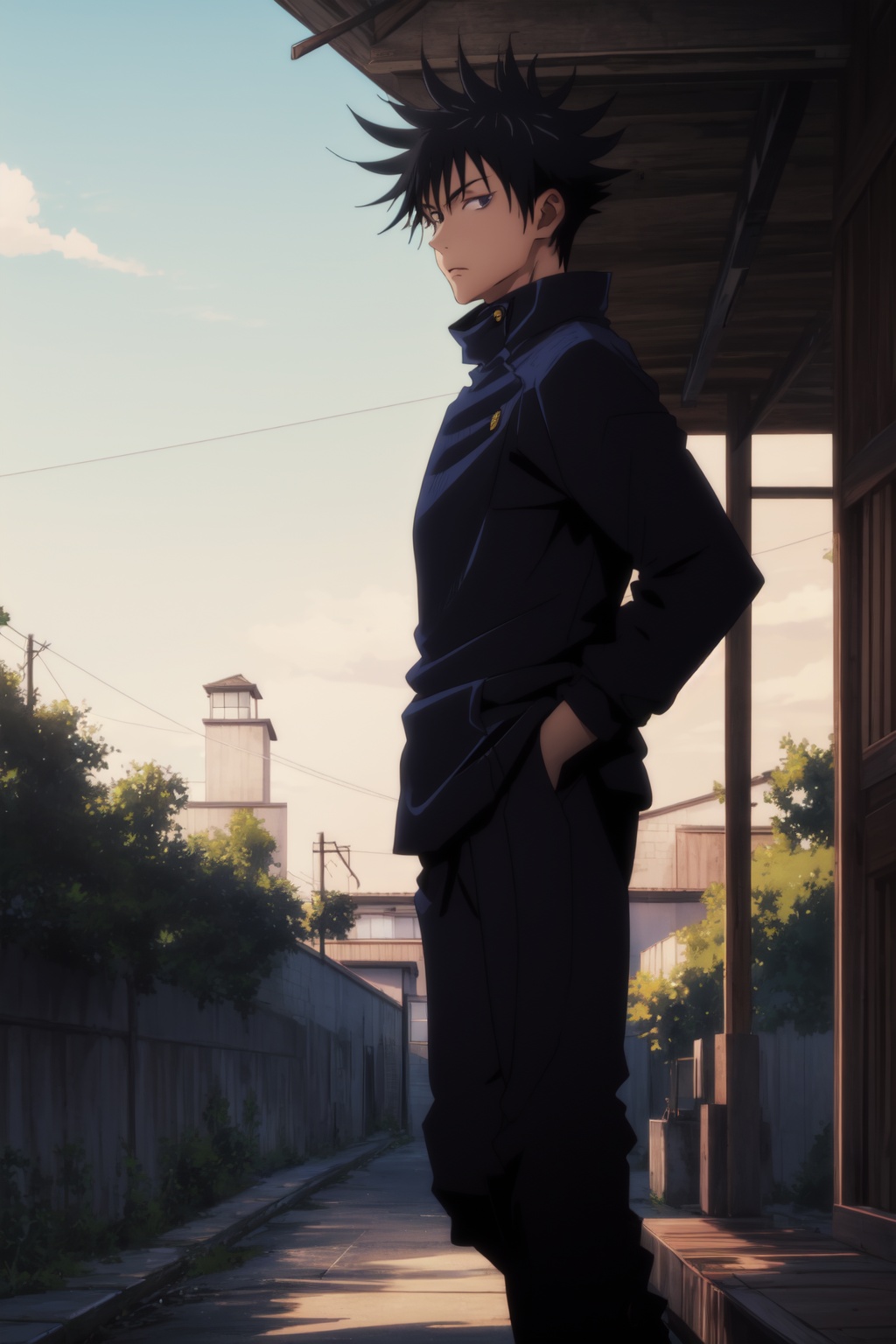 <lora:Fushiguro-000016:0.9>,Fushiguro CYQL,1boy,looking at viewer,solo,male focus,black hair,short hair,spiked hair,black eyes,school uniform,pants,jacket,long sleeves,full_shot,from_side,Towering millennium-old pines stand tall and robust, their needles blanketing the ground, soft underfoot. The air is suffused with the fresh scent of pine resin,beautiful detailed sky,beautiful detailed glow,masterpiece,best quality,beautiful and aesthetic,wallpaper,