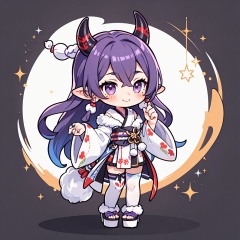 1girl,rindou mikoto,chibi,virtual youtuber,solo,mole under mouth,horns,long hair,purple eyes,pointy ears,thighhighs,full body,platform footwear,mole,japanese clothes,fur trim,smile,pom pom \(clothes\), masterpiece,best quality,very aesthetic,absurdres,