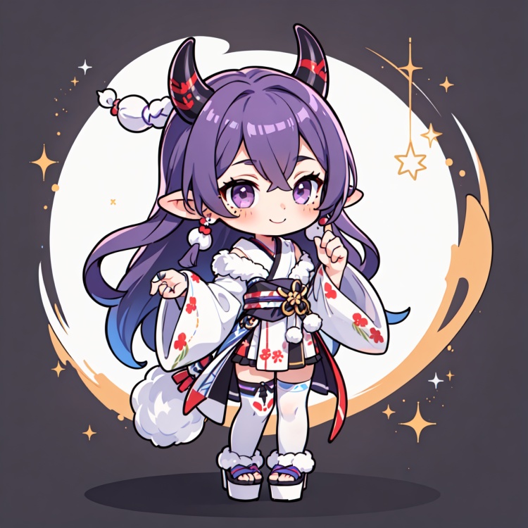1girl,rindou mikoto,chibi,virtual youtuber,solo,mole under mouth,horns,long hair,purple eyes,pointy ears,thighhighs,full body,platform footwear,mole,japanese clothes,fur trim,smile,pom pom \(clothes\), masterpiece,best quality,very aesthetic,absurdres,