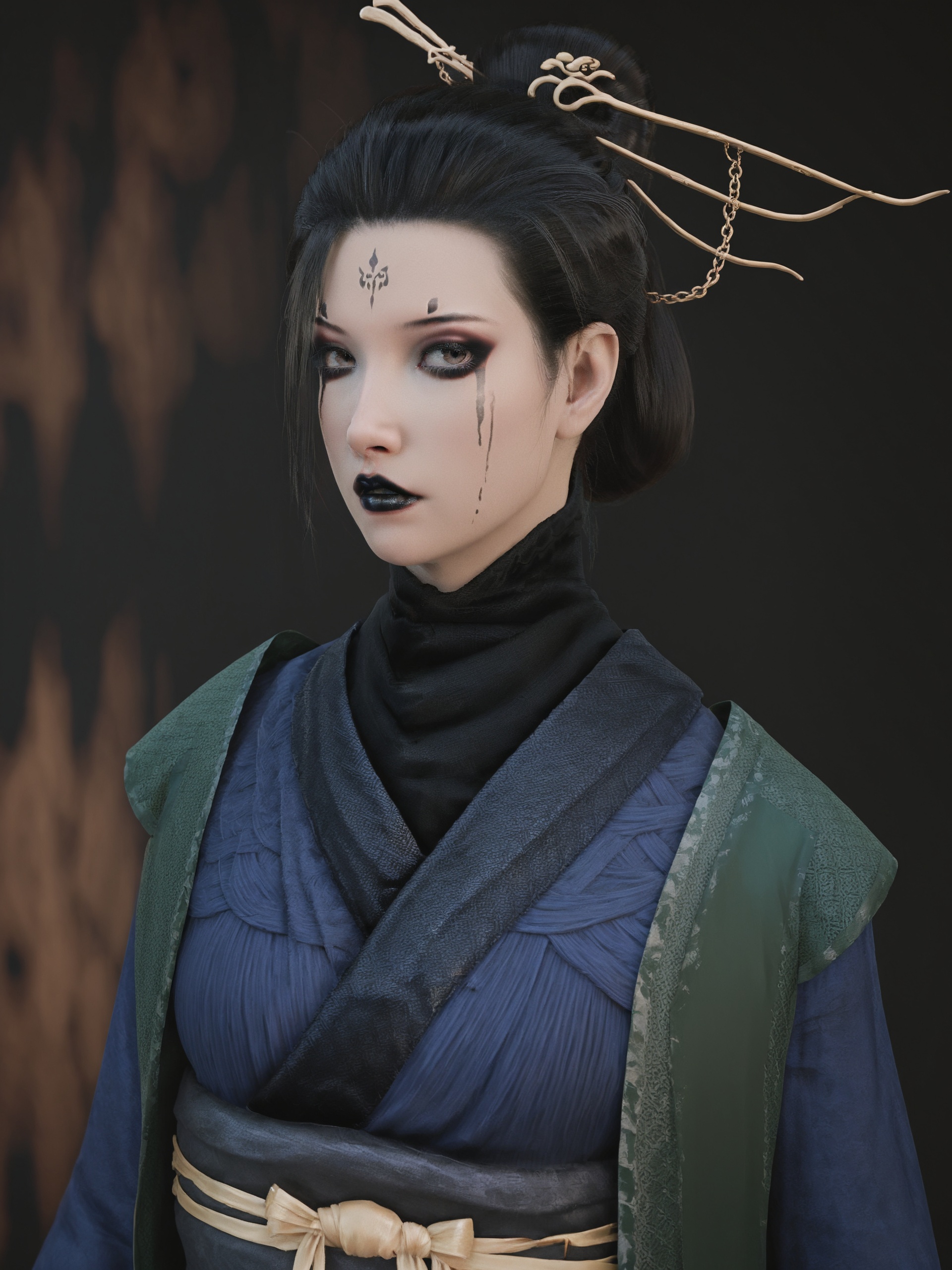 score_9, score_8_up, score_7_up, 8k, best quality, masterpiece, (ultra-detailed), solo, full body:1.1), looking at viewer, <lora:zzsimei2-atw-Tanger:0.8>, zzsimei, Fourth daughter, Navy blue Hanfu, long sleeves, black lips, runny makeup, facial mark, by heishenhua, game cg, solo, black hair, hair stick, 1girl, sash, Heavy black makeup, realistic, kimono, <lora:Turquoise Style LoRA_Pony XL v6:0.25>, traditional media, realistic, portrait painting, close-up, back, upper body, side  face, night, A close-up of a traditional Chinese beauty in ancient attire, holding a cup of wine near her lips, gazing thoughtfully at the moonlit sky. Her elegant robes and intricate hair ornaments are illuminated by the soft glow of the full moon. The background is a blurred view of a serene, misty landscape, highlighting the details of her expression and attire. Created Using: portrait realism, delicate brush strokes, soft lighting, intricate details, hd quality, cinematic focus, shallow depth of field, <lora:xl_more_art-full-beta2:0.5>, 