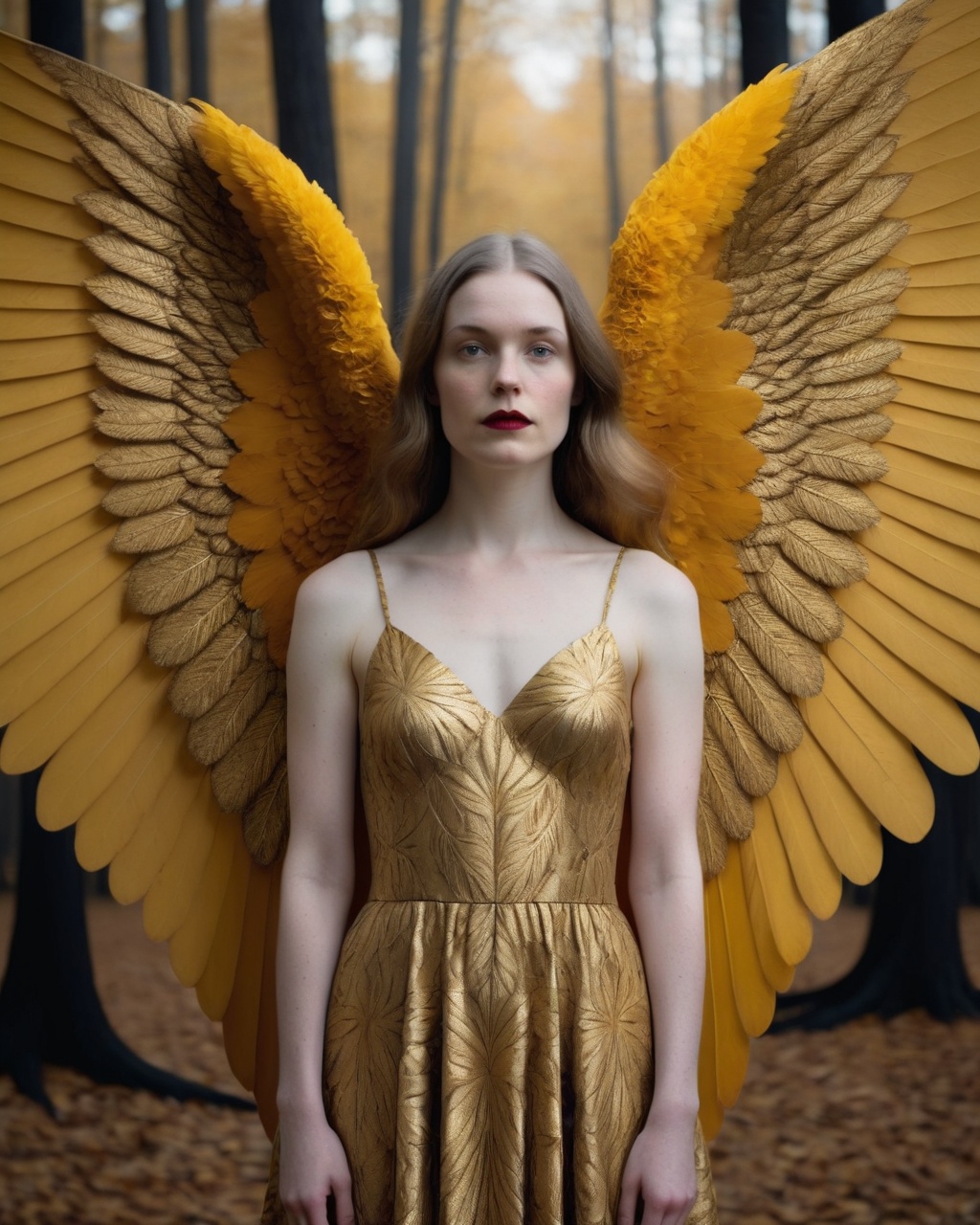 a woman in a golden dress is standing with wings in the background,  in the style of patty maher,  richard phillips on Ten...