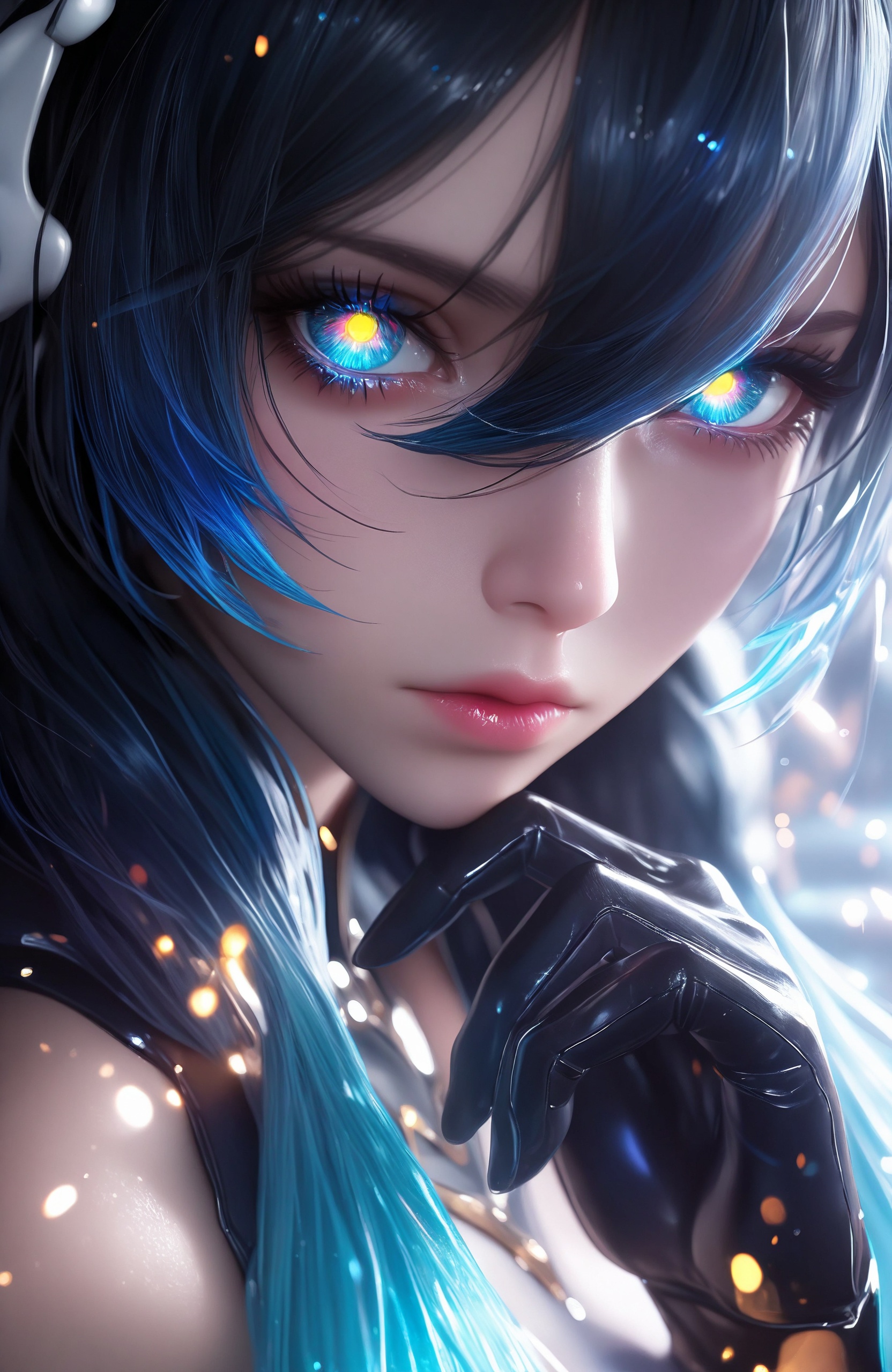 *****,1woman,masterpiece, newest,absurdres,incredibly absurdres, best quality, amazing quality, very aesthetic,solo, looking at viewer, multicolored eyes, portrait, blue hair, lips, , dripping, eyelashes, makeup,black leather gloves, black hair, cyan hair, gradient hair, multicolored hair, hair between eyes, close-up, hand up, , eye focus, glowing, long hair, closed mouth,close-up,gradient hair, twintails, glow in the dark, masterwork, masterpiece, best quality, dynamic lighting , dynamic pose,, dynamic angle, (realistic:1.2), (lineless:1.2), detailed, beautiful color, detailed, amazing quality,light particles,lens flare,light rays